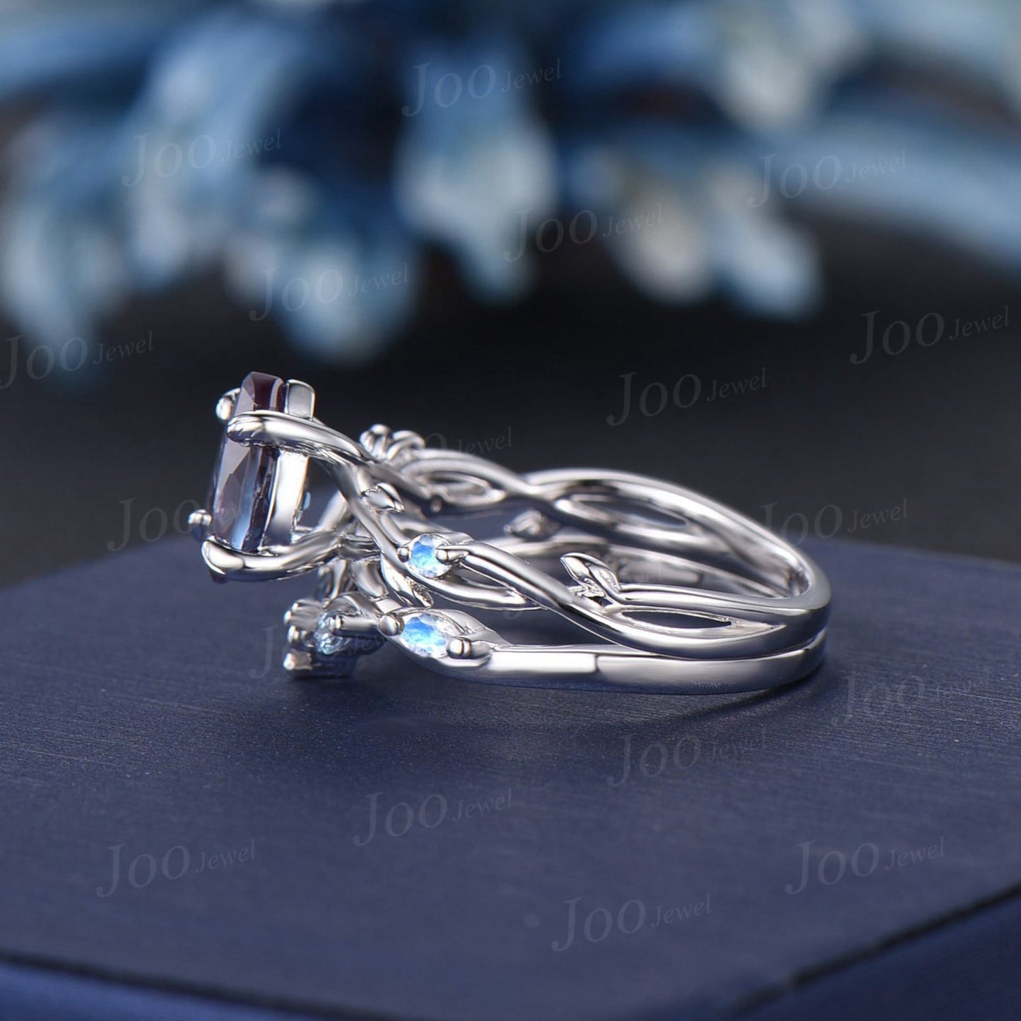 1.2ct Round Alexandrite Ring Set 14K Black Gold Nature Inspired Color-Change Alexandrite Moonstone Bridal Set Twig Vine Promise Ring Women