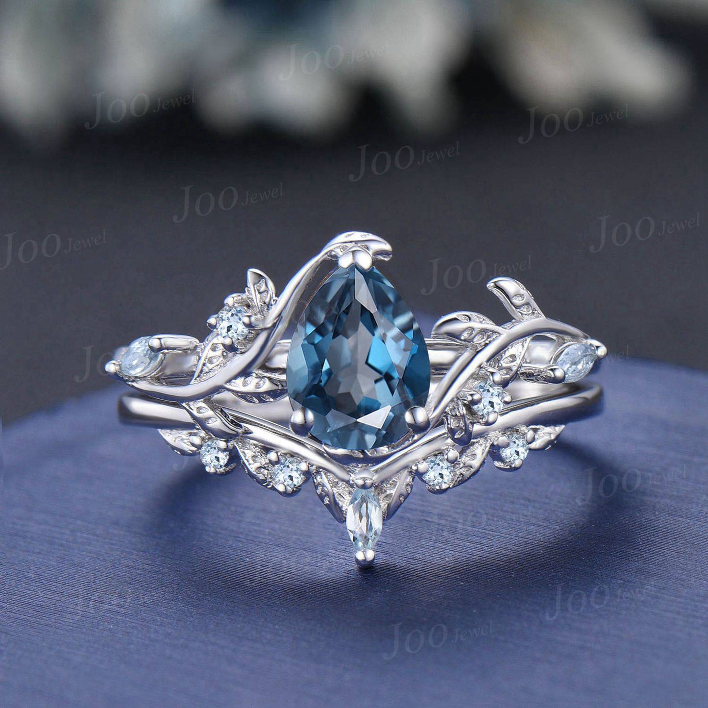 Leaf Branch Nature Inspired Pear Cut Natural London Blue Topaz Engagement Ring Set Aquamarine Wedding Ring Unique December Birthstone Gifts