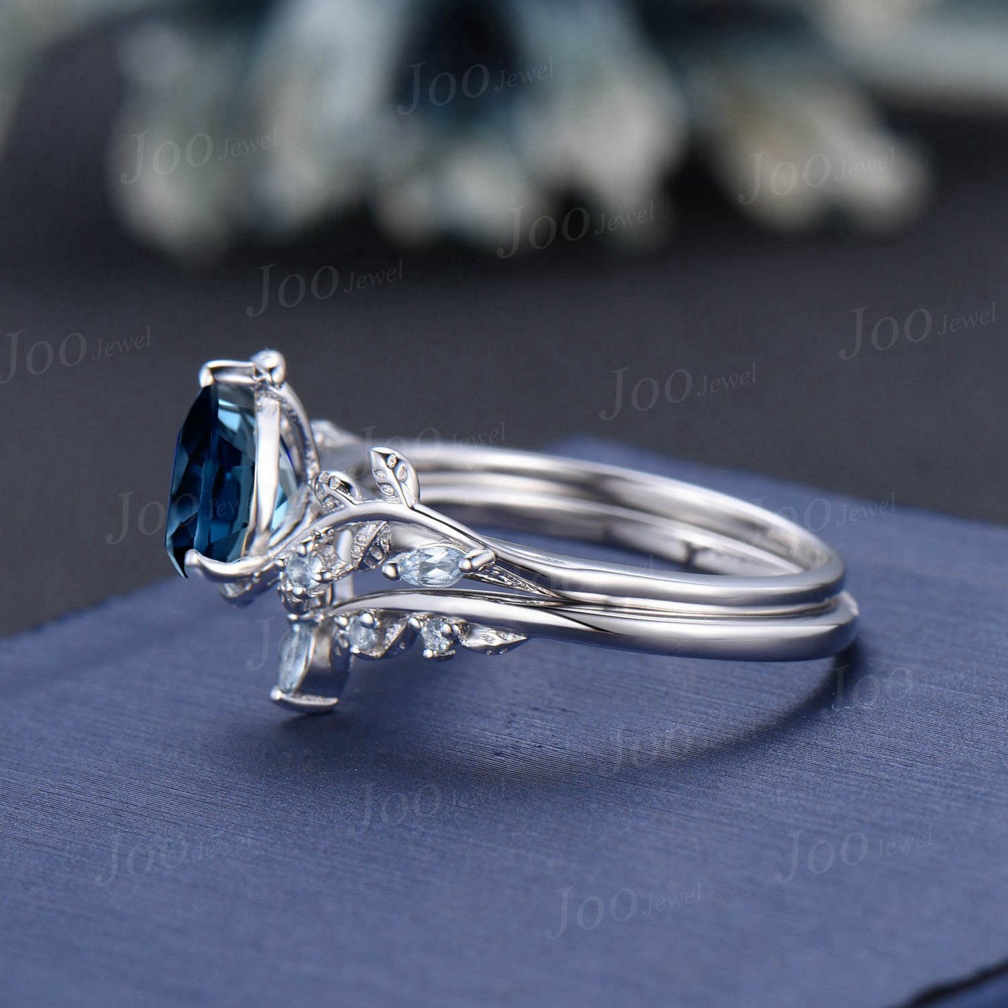 Leaf Branch Nature Inspired Pear Cut Natural London Blue Topaz Engagement Ring Set Aquamarine Wedding Ring Unique December Birthstone Gifts