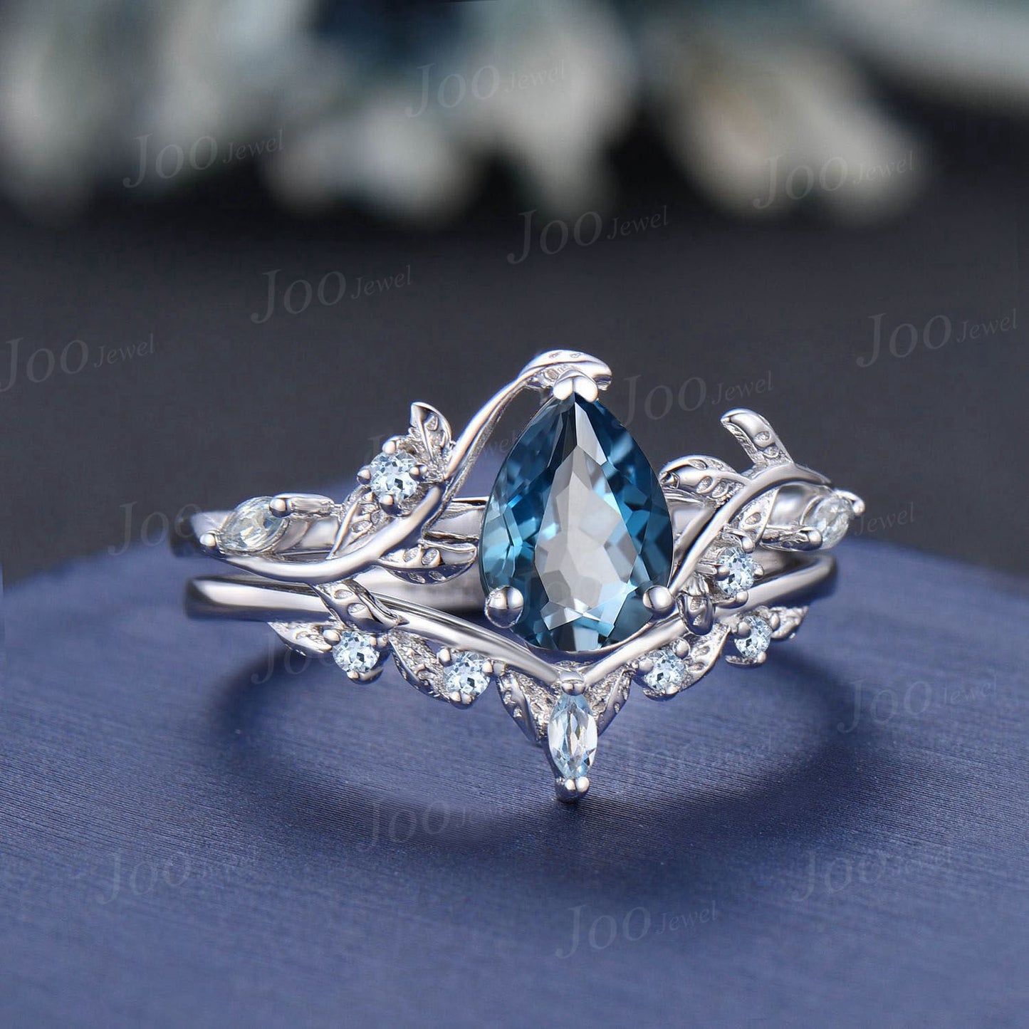 Leaf Branch Nature Inspired Pear Cut Natural London Blue Topaz Engagement Ring Set Aquamarine Wedding Ring Unique December Birthstone Gifts