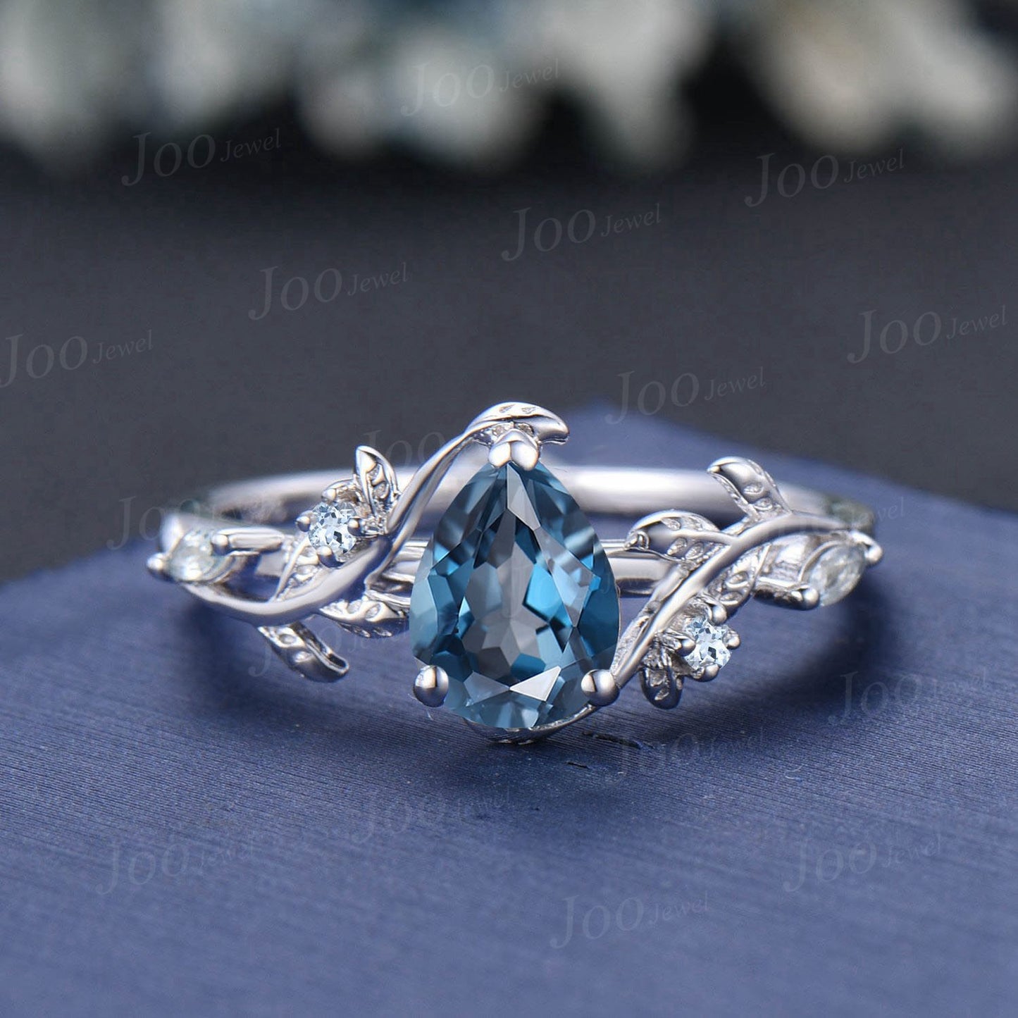 Leaf Branch Nature Inspired Pear Cut Natural London Blue Topaz Engagement Ring Set Aquamarine Wedding Ring Unique December Birthstone Gifts
