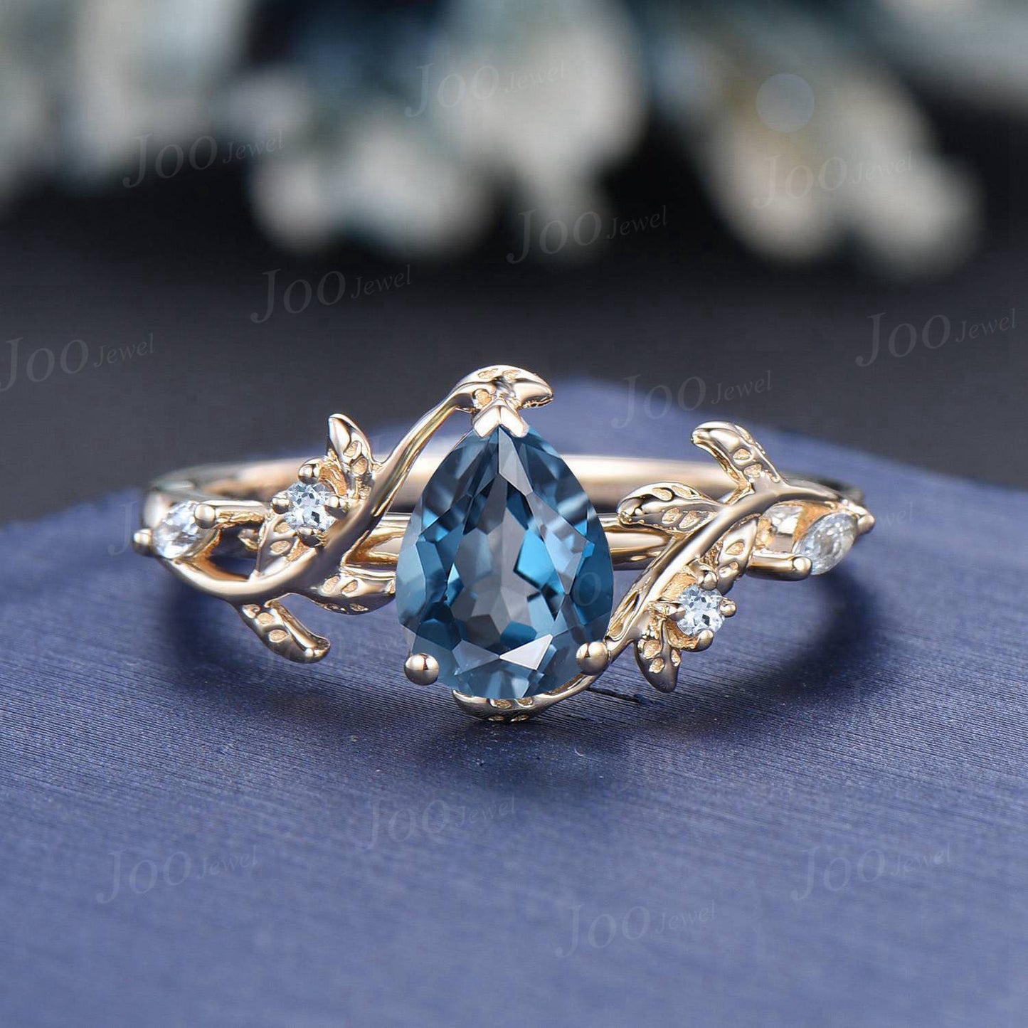 Leaf Branch Nature Inspired Pear Cut Natural London Blue Topaz Engagement Ring Set Aquamarine Wedding Ring Unique December Birthstone Gifts