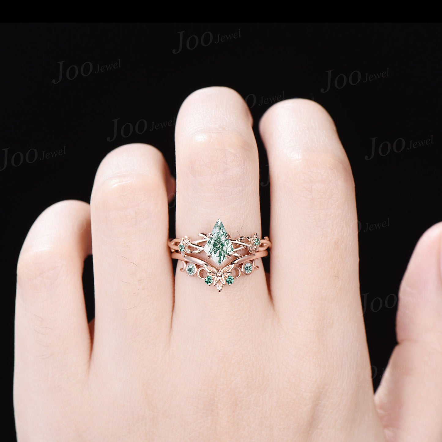 1ct Twig Vine Kite Natural Moss Agate Emerald Floral Engagement Ring Green Emerald Triple Moon Celtic Wedding Ring Vintage Branch Bridal Set