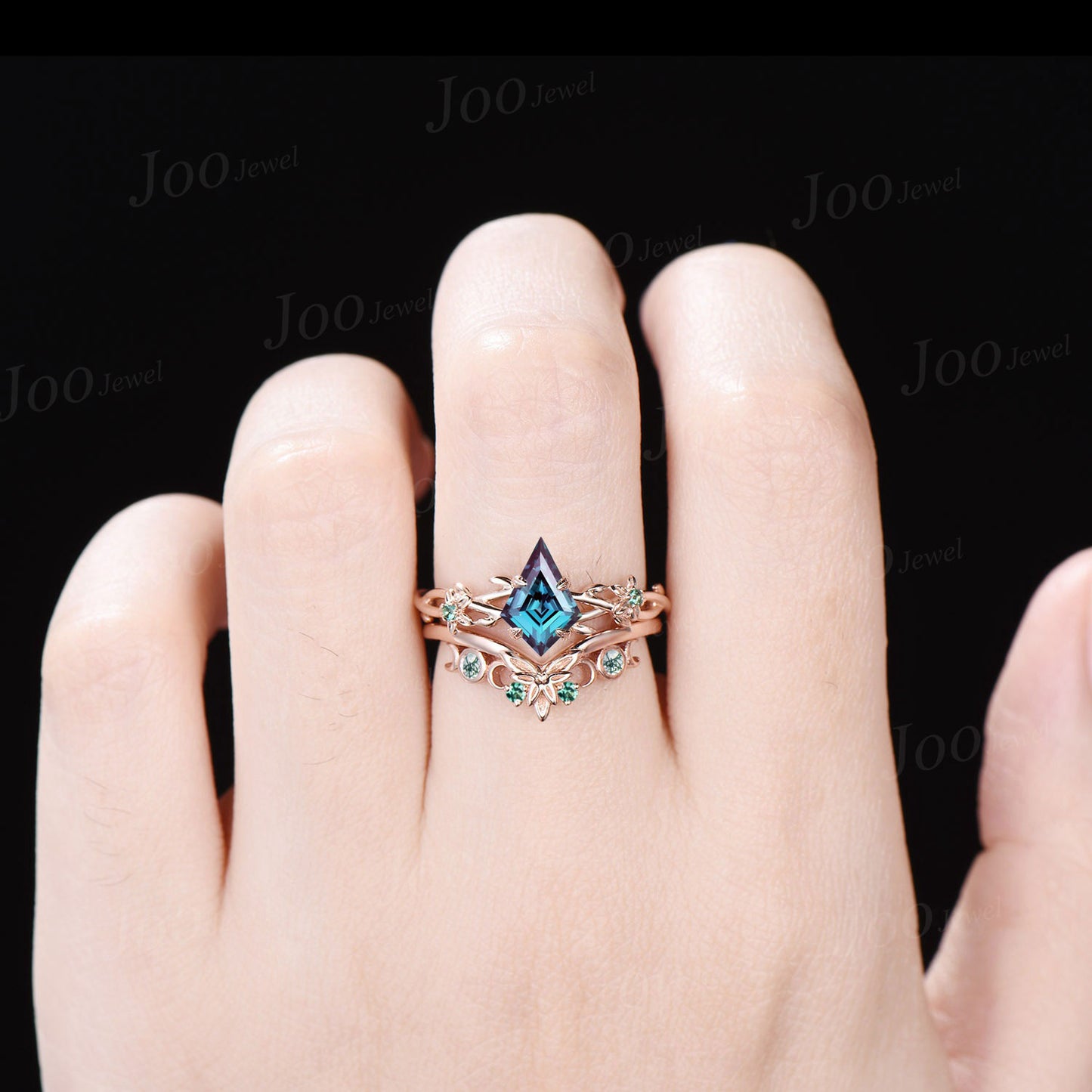 1ct Kite Cut Color-Change Alexandrite Emerald Bridal Set 14K Rose Gold Twisted Twig Vine Green Moss Agate Celtic Knot Wedding Band for Women