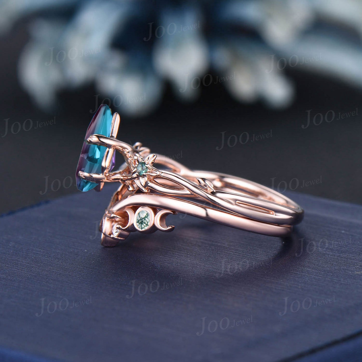 1ct Kite Cut Color-Change Alexandrite Emerald Bridal Set 14K Rose Gold Twisted Twig Vine Green Moss Agate Celtic Knot Wedding Band for Women