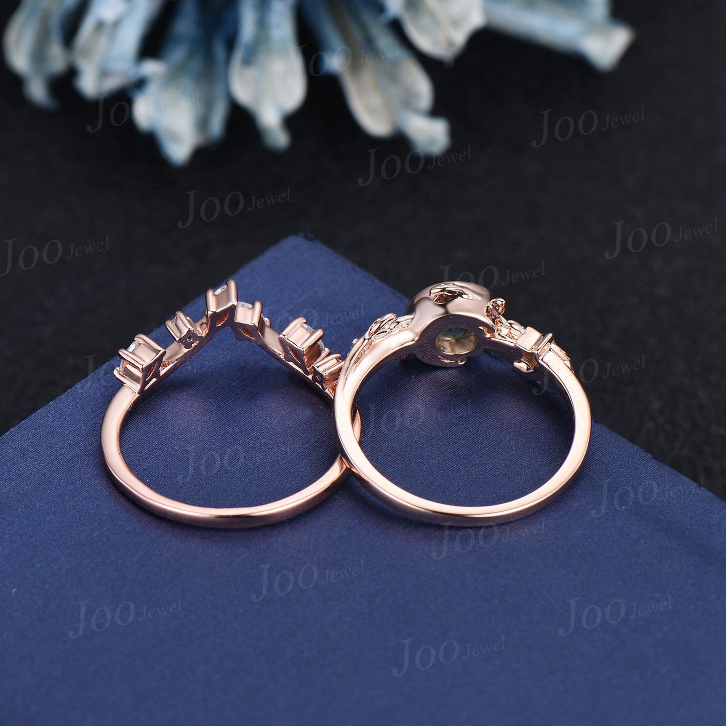 5mm Round Cut Galaxy Blue Sandstone Moon Engagement Ring Set Vintage Emerald Moss Agate Nature Bridal Ring Leaf Branch Bypass Wedding Ring