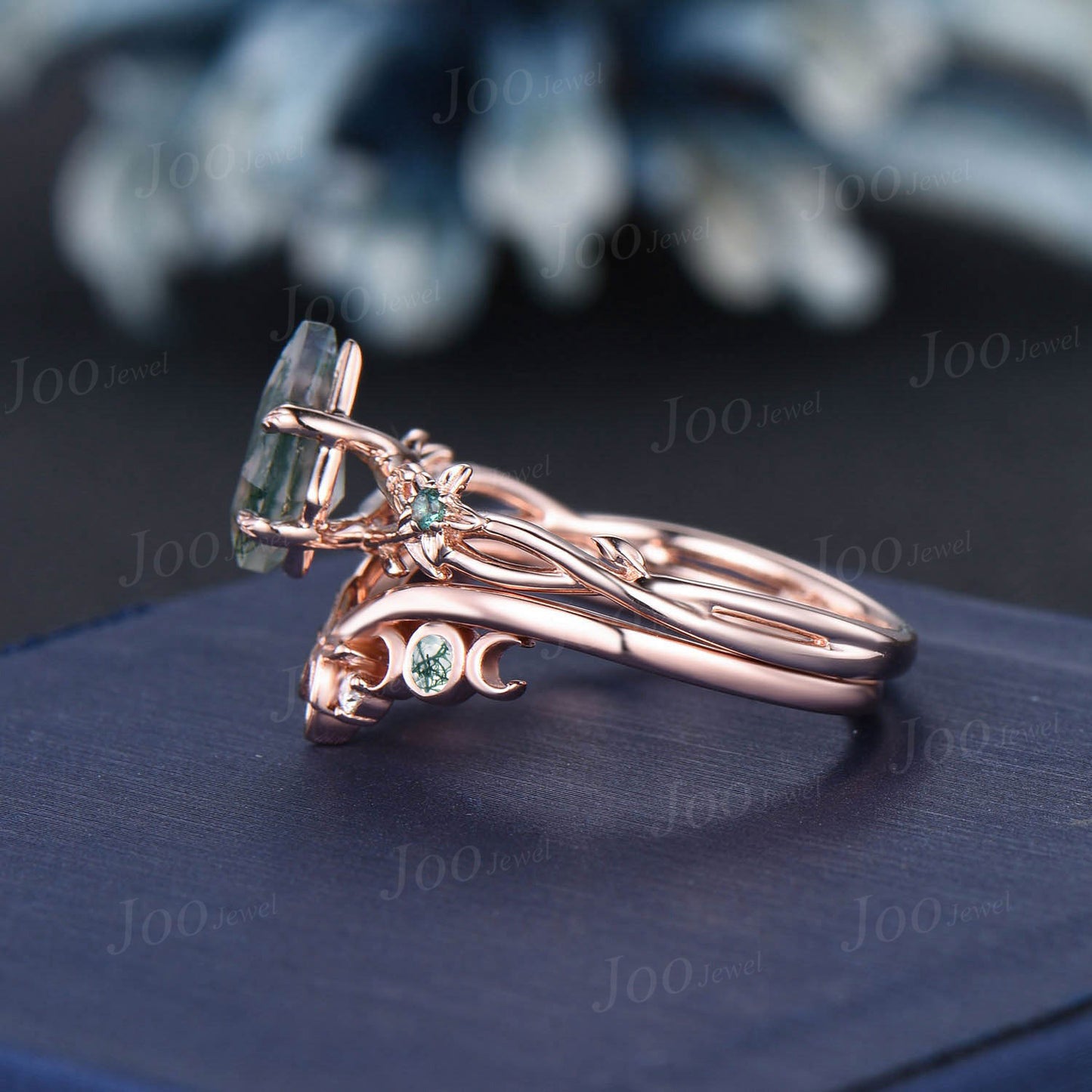 1ct Twig Vine Kite Natural Moss Agate Emerald Floral Engagement Ring Green Emerald Triple Moon Celtic Wedding Ring Vintage Branch Bridal Set