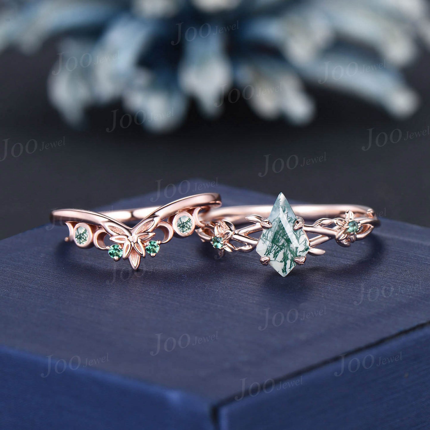 1ct Twig Vine Kite Natural Moss Agate Emerald Floral Engagement Ring Green Emerald Triple Moon Celtic Wedding Ring Vintage Branch Bridal Set