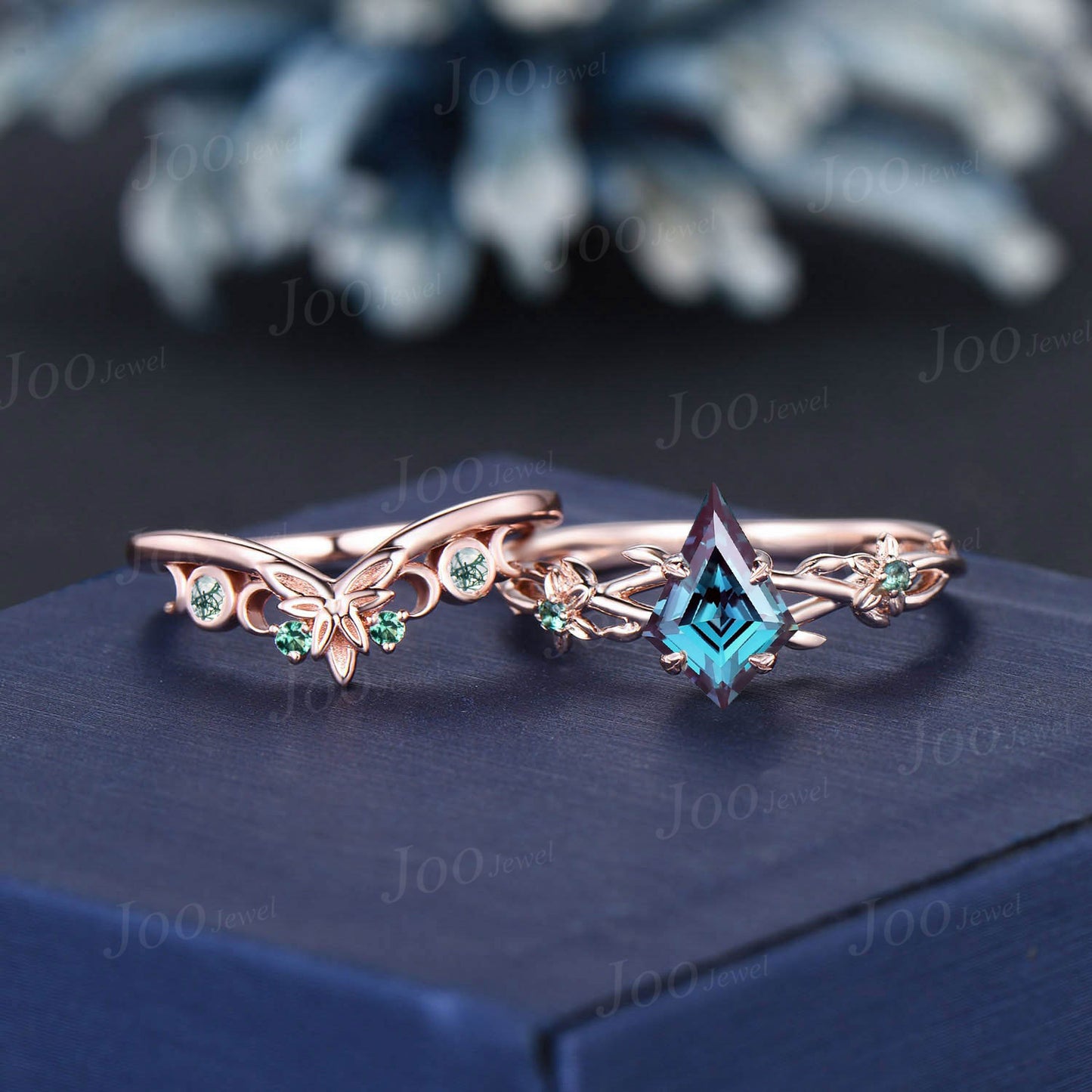1ct Kite Cut Color-Change Alexandrite Emerald Bridal Set 14K Rose Gold Twisted Twig Vine Green Moss Agate Celtic Knot Wedding Band for Women