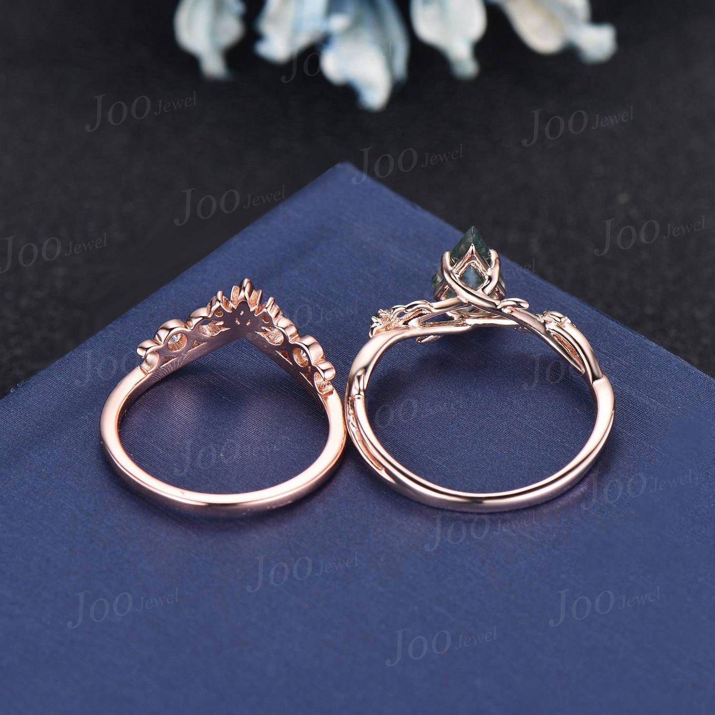 1ct Twig Vine Kite Natural Moss Agate Emerald Floral Engagement Ring Green Emerald Triple Moon Celtic Wedding Ring Vintage Branch Bridal Set