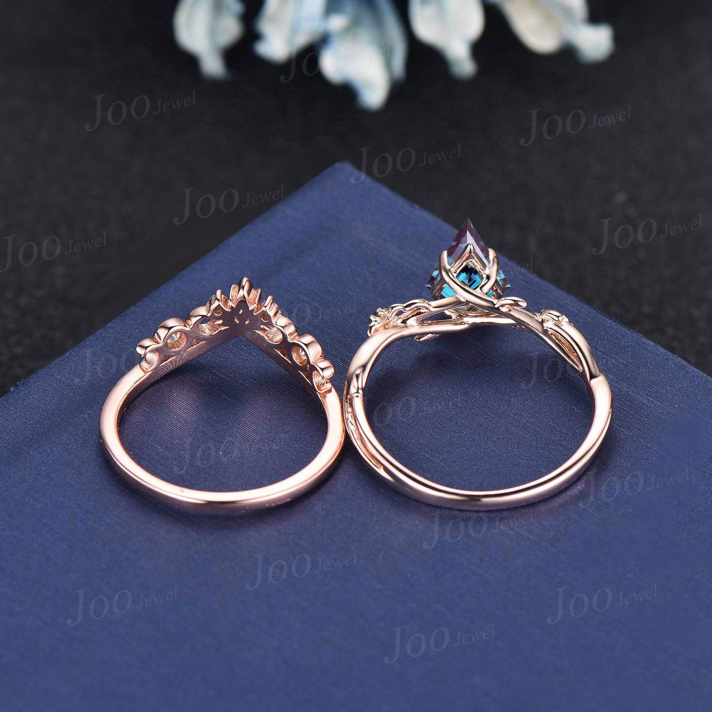 1ct Kite Cut Color-Change Alexandrite Emerald Bridal Set 14K Rose Gold Twisted Twig Vine Green Moss Agate Celtic Knot Wedding Band for Women