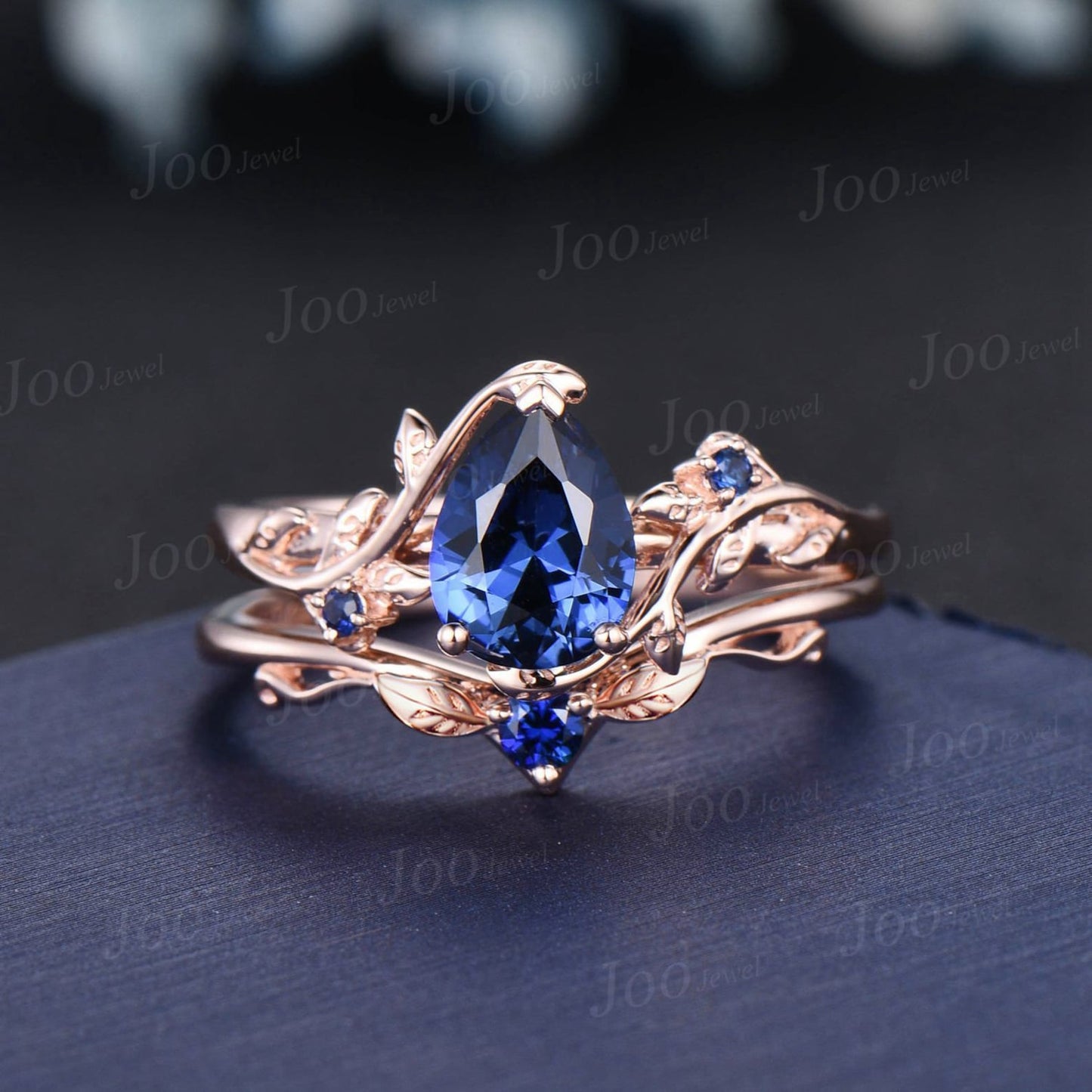 Nature Inspired Blue Sapphire Bridal Set Rose Gold Twig Vine Floral Pear Wedding Ring Unique September Birthstone Birthday/Anniversary Gifts
