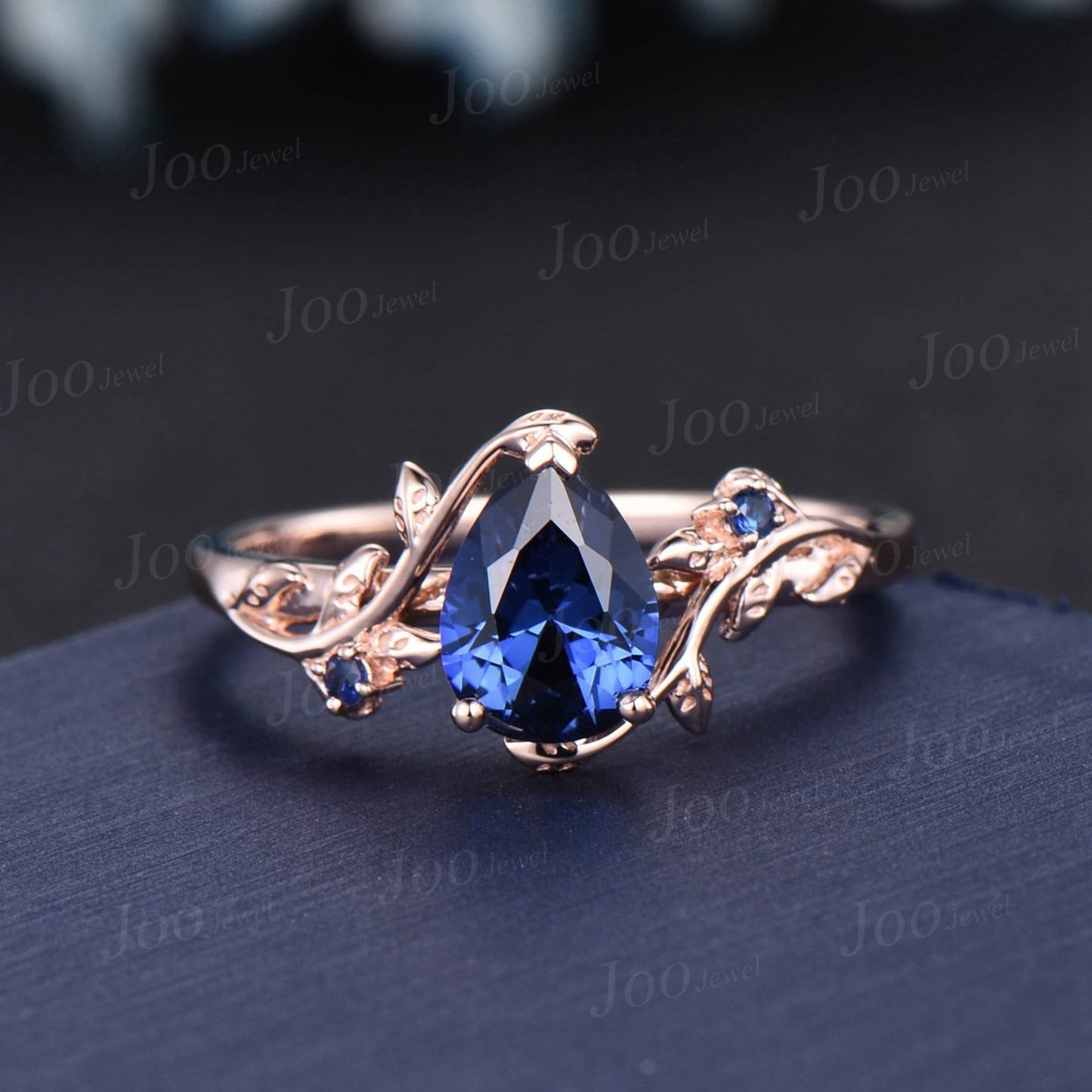 Nature Inspired Blue Sapphire Bridal Set Rose Gold Twig Vine Floral Pear Wedding Ring Unique September Birthstone Birthday/Anniversary Gifts