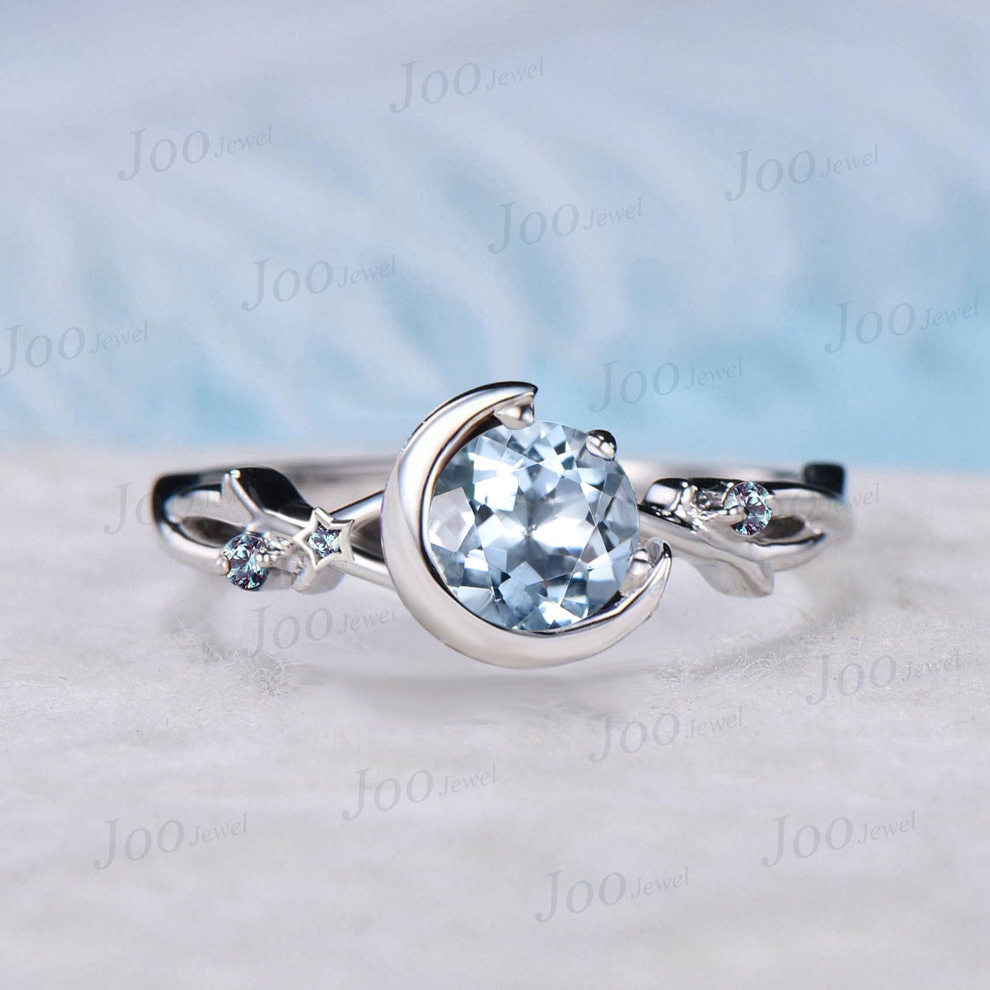Twig Vine Wedding Ring Unique Moon Star Design 5mm Round Cut Natural Aquamarine Promise Ring Sterling Silver Summer Ocean Blue Gemstone Ring