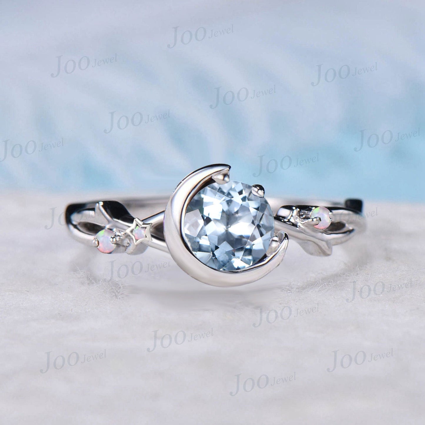 Twig Vine Wedding Ring Unique Moon Star Design 5mm Round Cut Natural Aquamarine Promise Ring Sterling Silver Summer Ocean Blue Gemstone Ring