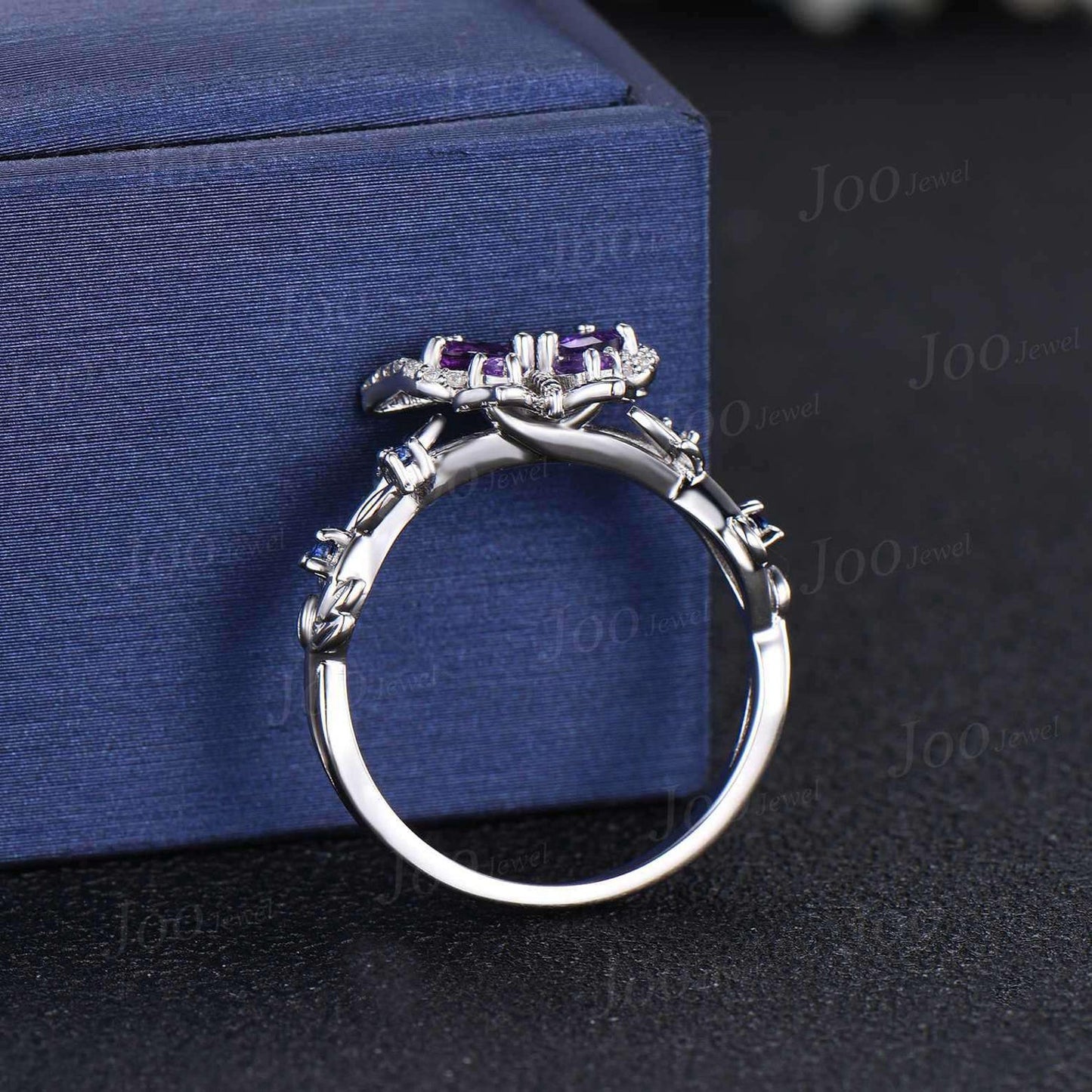 Nature Inspired Pear Natural Amethyst Ring Silver Butterfly Engagement Ring Leaf Vine Wedding Ring Unique February Birthstone Birthday Gifts