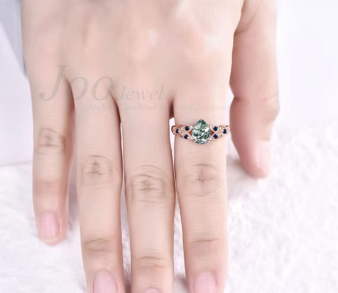 Unique Filigree Design Natural Moss Agate Blue Sandstone Engagement Ring for Women 1.25ct Pear Moss Agate Ring Silver Butterfly Wedding Ring