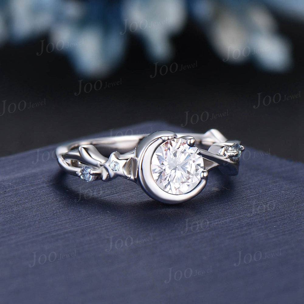 Twig Vine Moissanite Wedding Ring Vintage Sterling Silver 5mm Round Moissanite Engagement Ring Moon Star Design Alexandrite Moissanite Ring