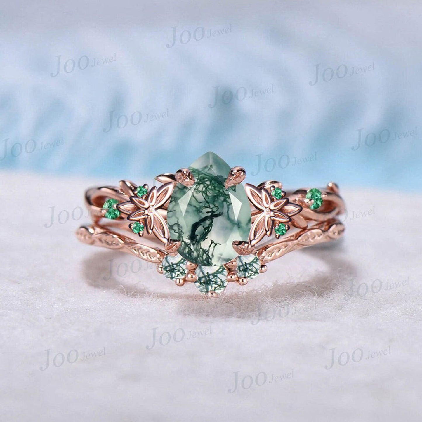 Celtic Knot Twig Vine Moss Agate Engagement Ring Set Green Gemstone Jewelry 1.5ct Oval Cut Green Emerald Moss Agate Branch Vine Bridal Set
