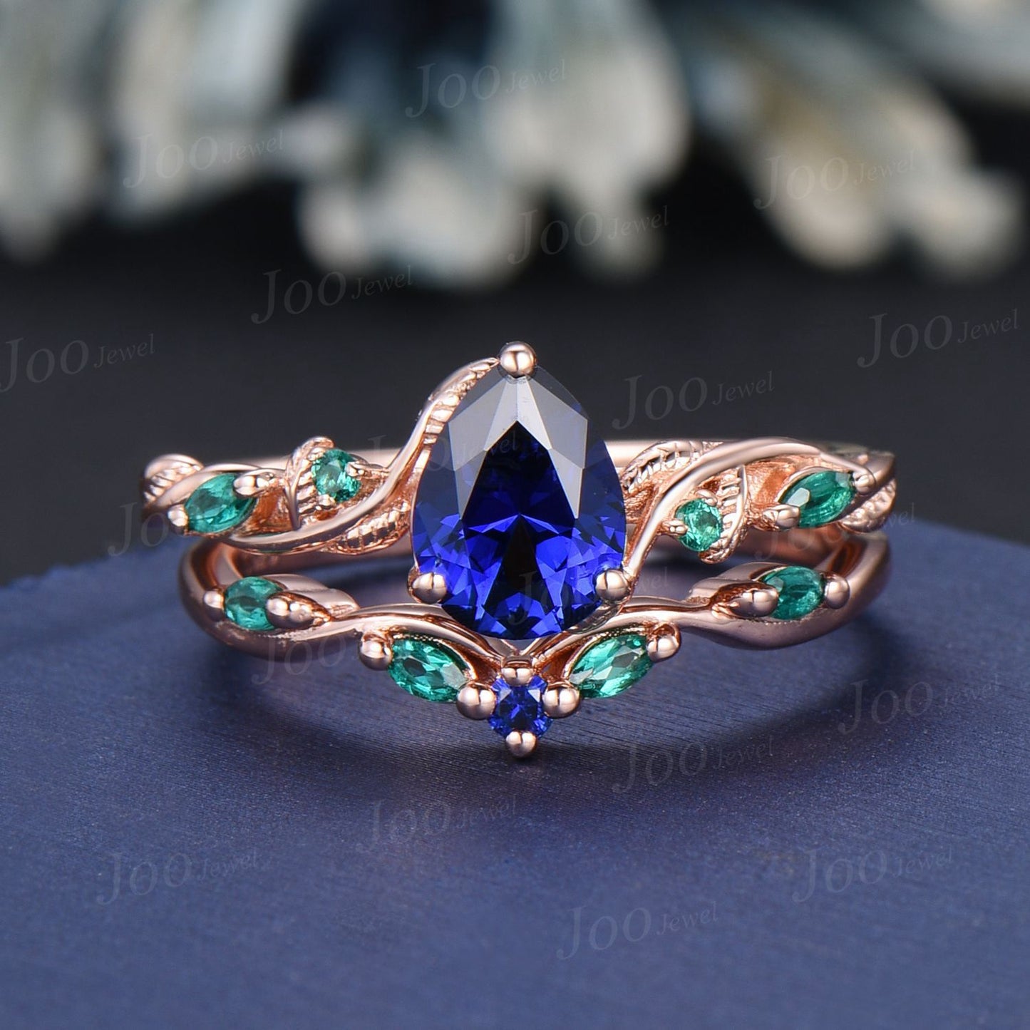 Twig Vine Blue Sapphire Engagement Ring Set Vintage Nature Inspired Pear Cut Blue Sapphire Emerald Promise Ring Antique Noble Gift for Women