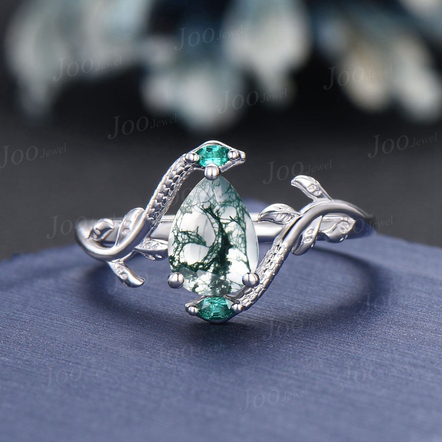 Unique Nature Inspired Snake Engagement Ring Vintage 14K Rose Gold Natural Pear Moss Agate Green Emerald Snake Eye Wedding Ring for Women
