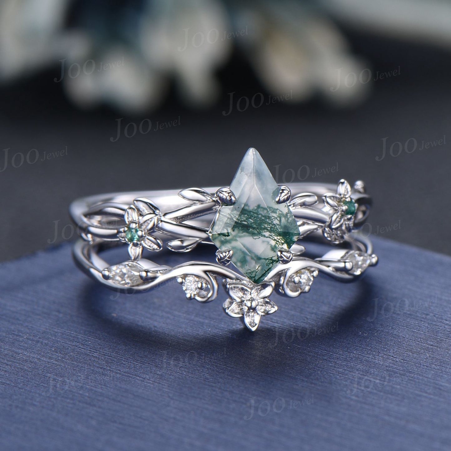 1ct Nature Inspired Floral Bridal Set Kite Moss Agate Emerald Engagement Ring Branch Twig Vine Wedding Ring Vintage Aquatic Agate Jewelry