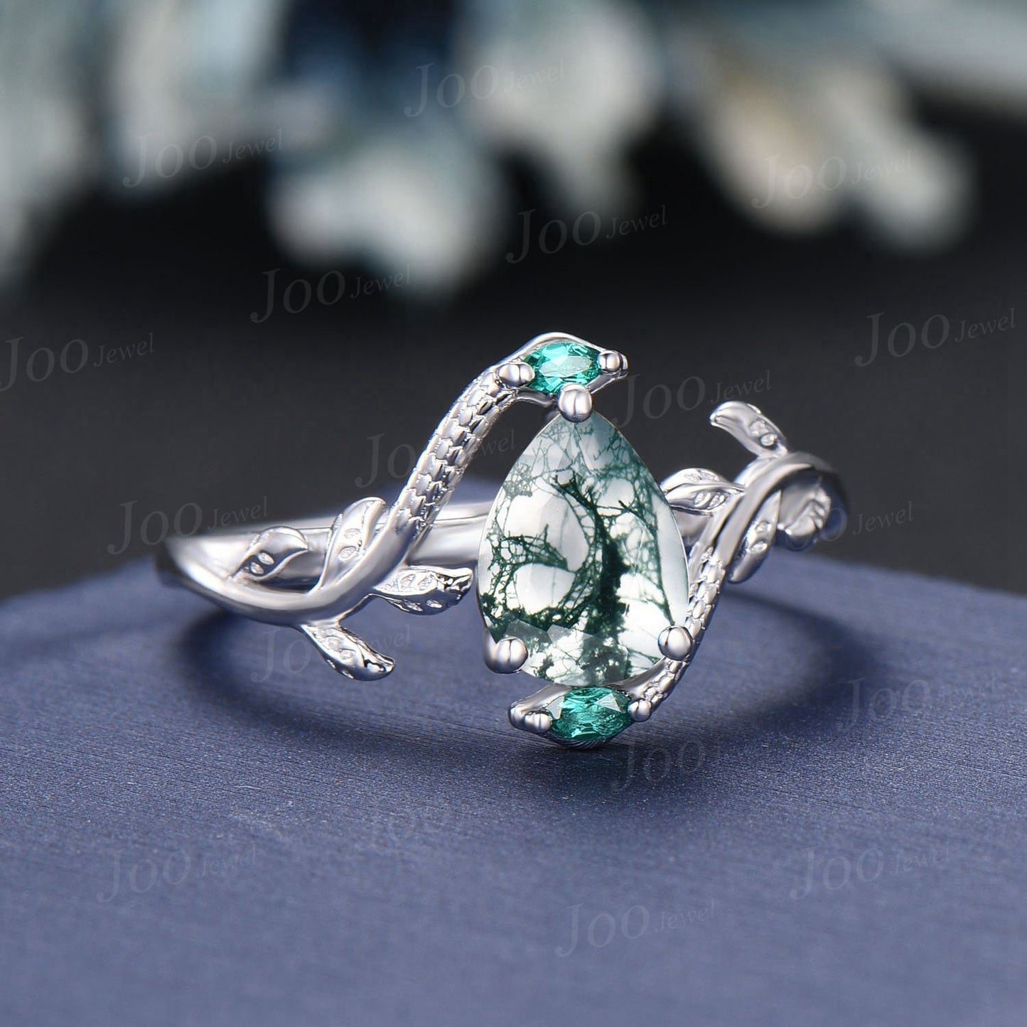 Unique Nature Inspired Snake Engagement Ring Vintage 14K Rose Gold Natural Pear Moss Agate Green Emerald Snake Eye Wedding Ring for Women