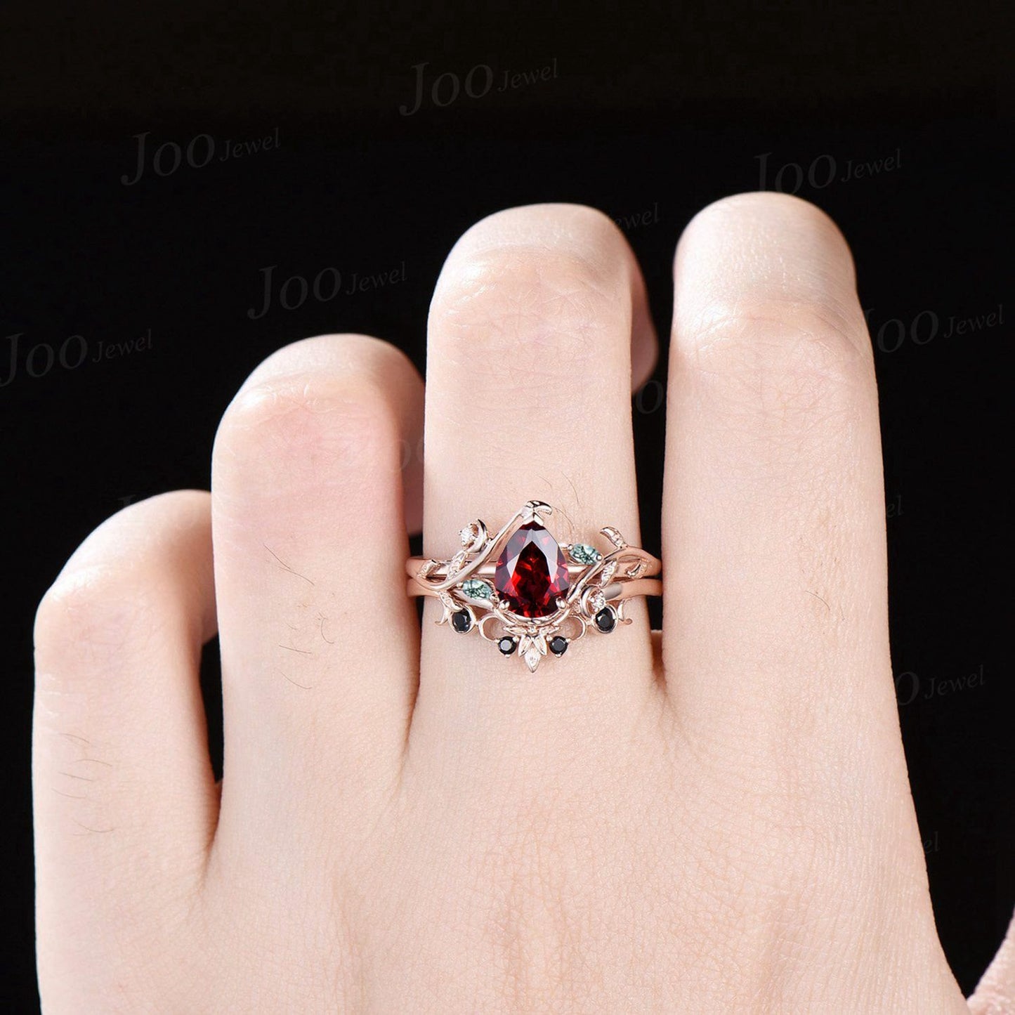 Black And Red Wedding Ring Sets Moon Engagement Ring 14K Rose Gold Nature Inspired Pear Natural Garnet Ring For Women Red Garnet Bridal Ring