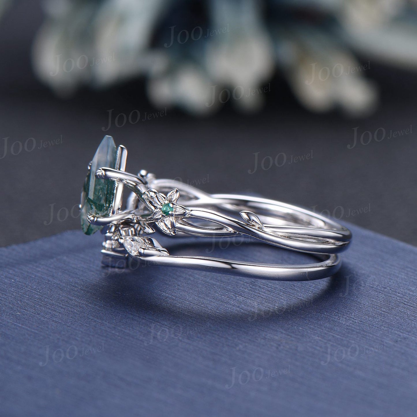 1ct Nature Inspired Floral Bridal Set Kite Moss Agate Emerald Engagement Ring Branch Twig Vine Wedding Ring Vintage Aquatic Agate Jewelry