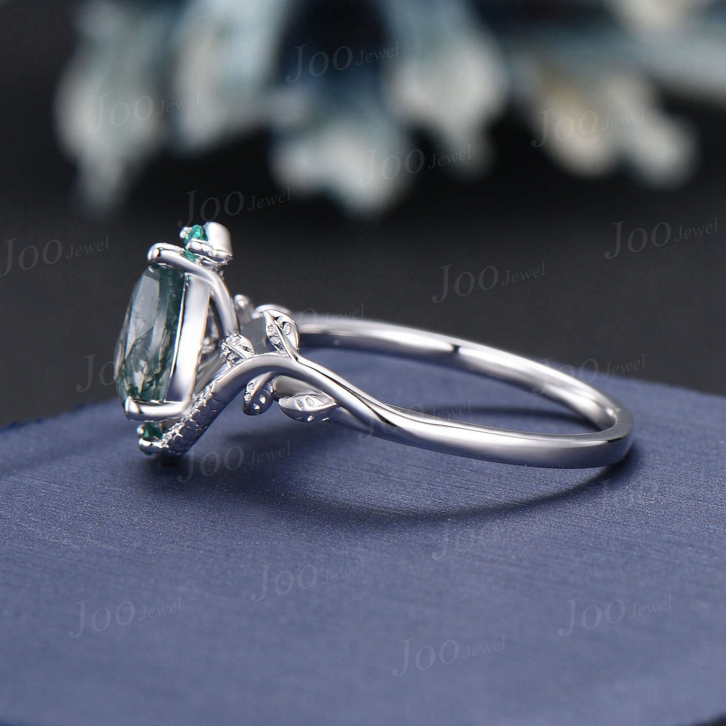 Unique Nature Inspired Snake Engagement Ring Vintage 14K Rose Gold Natural Pear Moss Agate Green Emerald Snake Eye Wedding Ring for Women