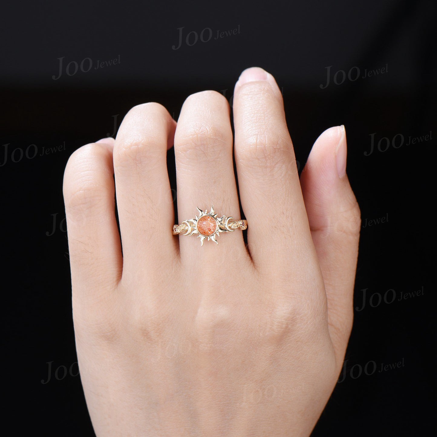 6mm Round Cut Natural Sunstone Sun Engagement Ring Unique Celestial Wedding Ring Moon Star & Sun Genuine Sunstone Jewelry Proposal Ring Gift