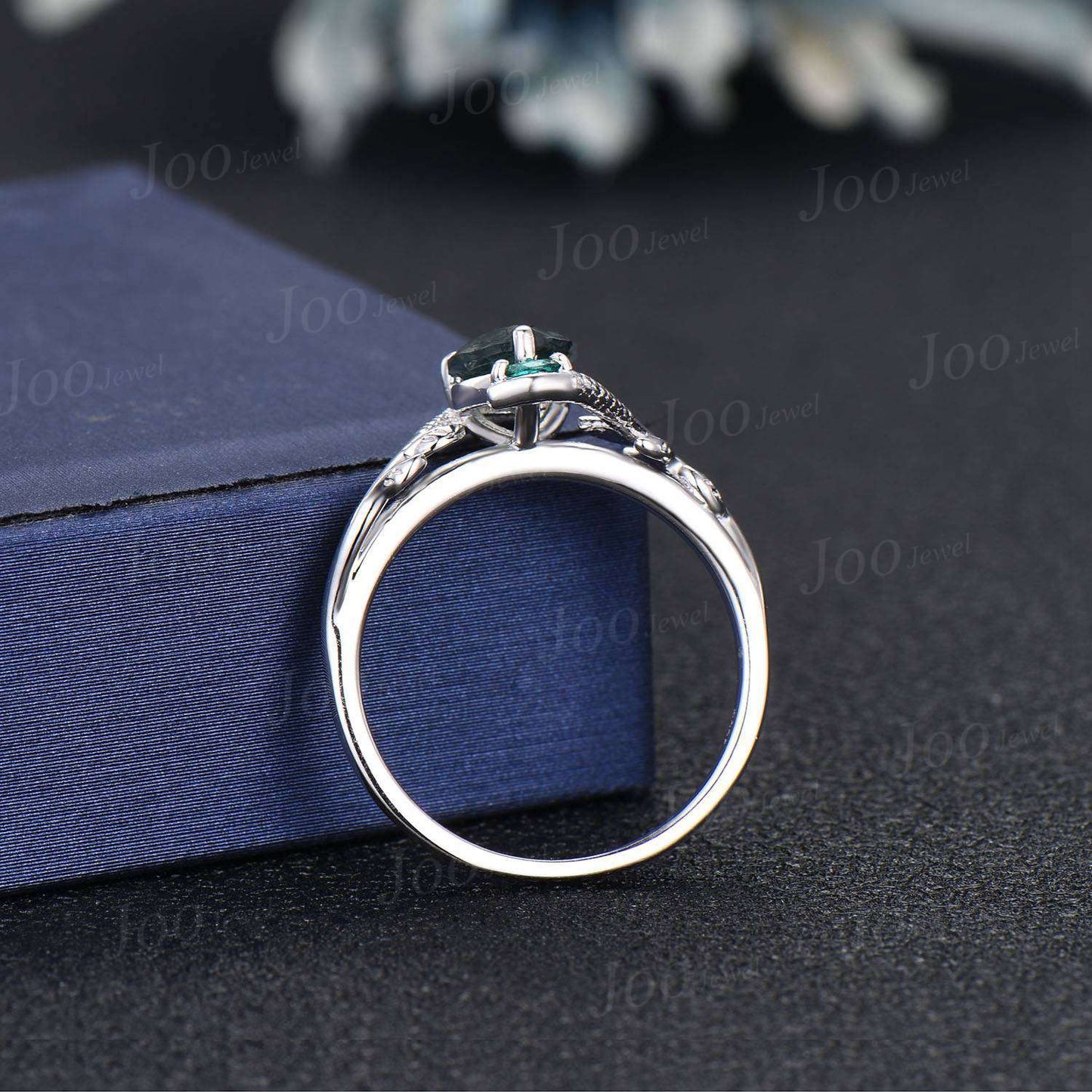 Unique Nature Inspired Snake Engagement Ring Vintage 14K Rose Gold Natural Pear Moss Agate Green Emerald Snake Eye Wedding Ring for Women
