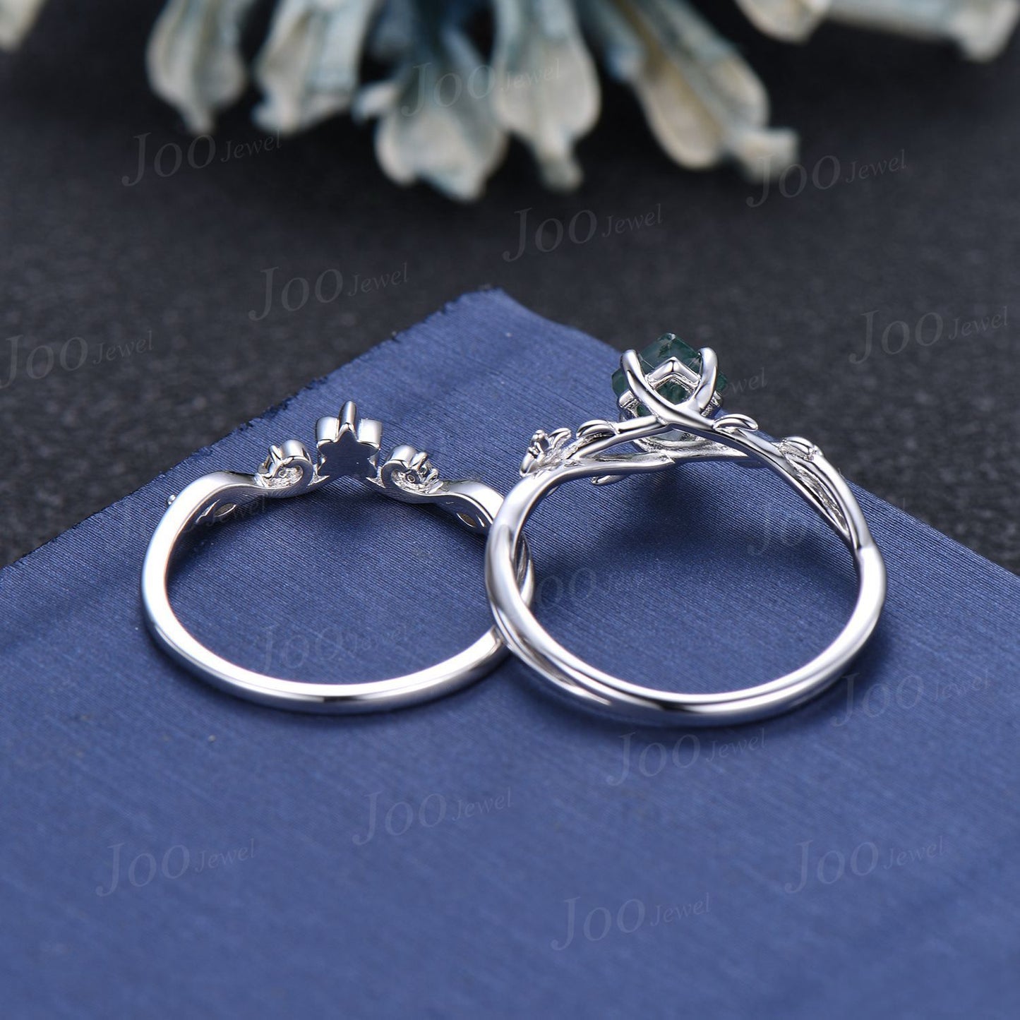 1ct Nature Inspired Floral Bridal Set Kite Moss Agate Emerald Engagement Ring Branch Twig Vine Wedding Ring Vintage Aquatic Agate Jewelry