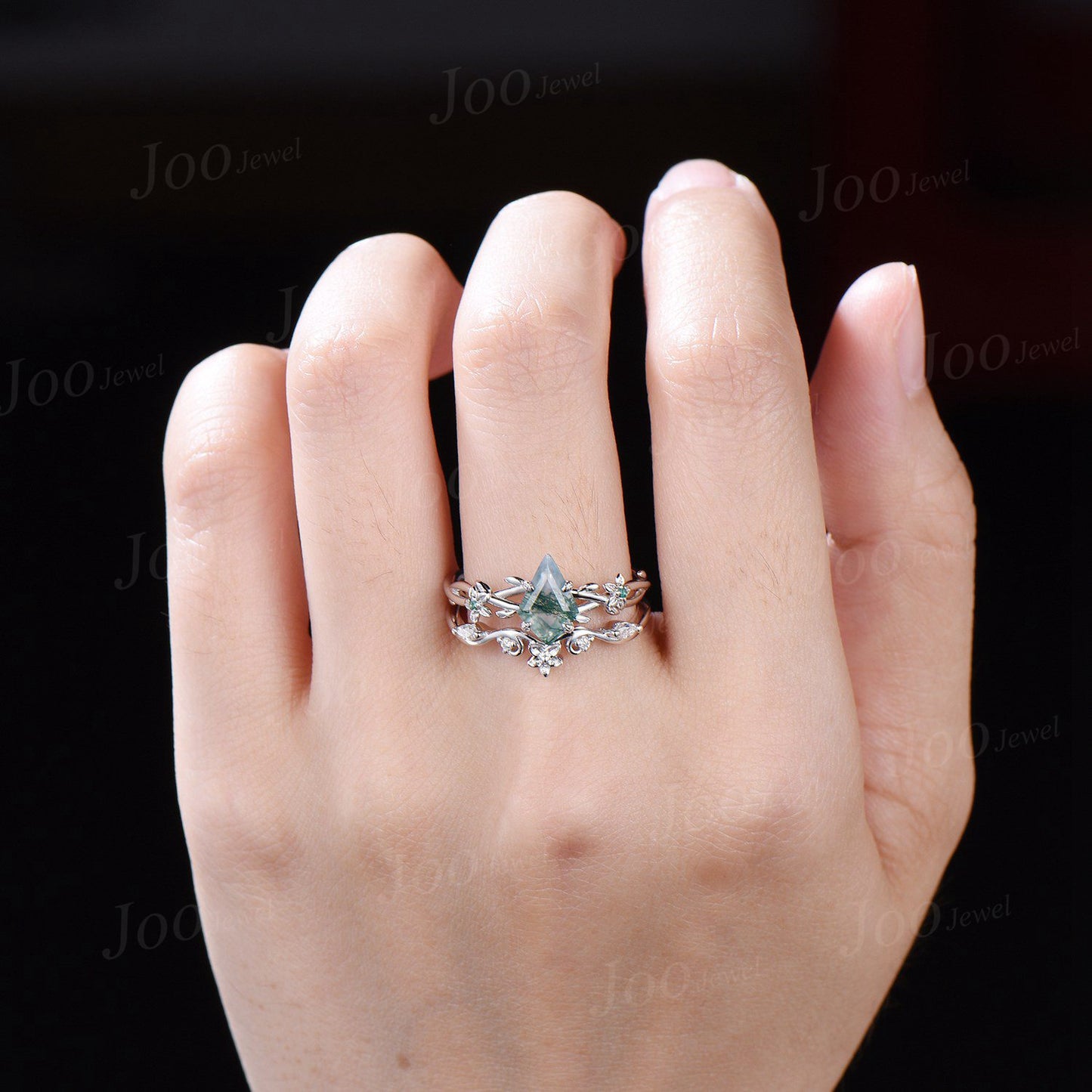 1ct Nature Inspired Floral Bridal Set Kite Moss Agate Emerald Engagement Ring Branch Twig Vine Wedding Ring Vintage Aquatic Agate Jewelry