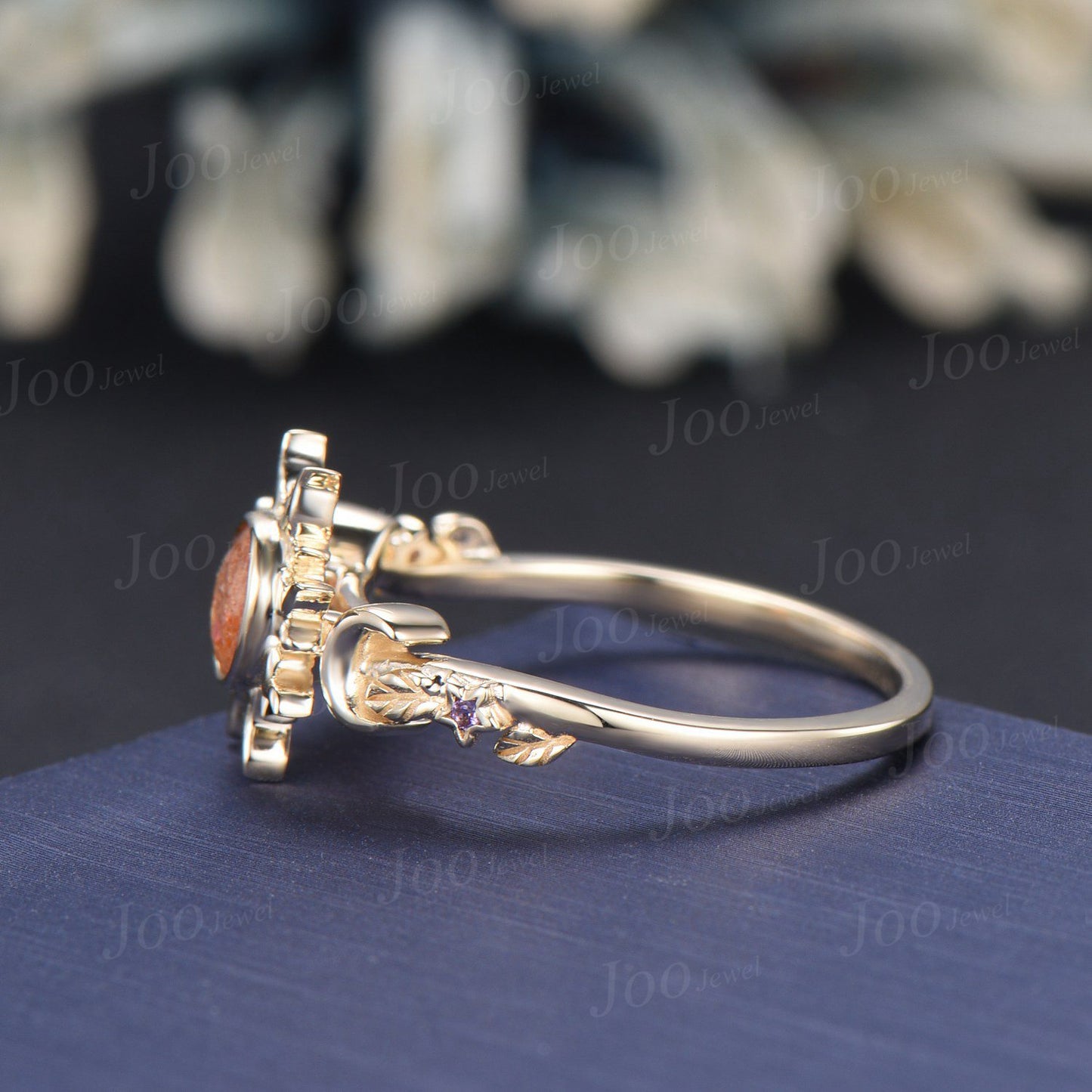 6mm Round Cut Natural Sunstone Sun Engagement Ring Unique Celestial Wedding Ring Moon Star & Sun Genuine Sunstone Jewelry Proposal Ring Gift