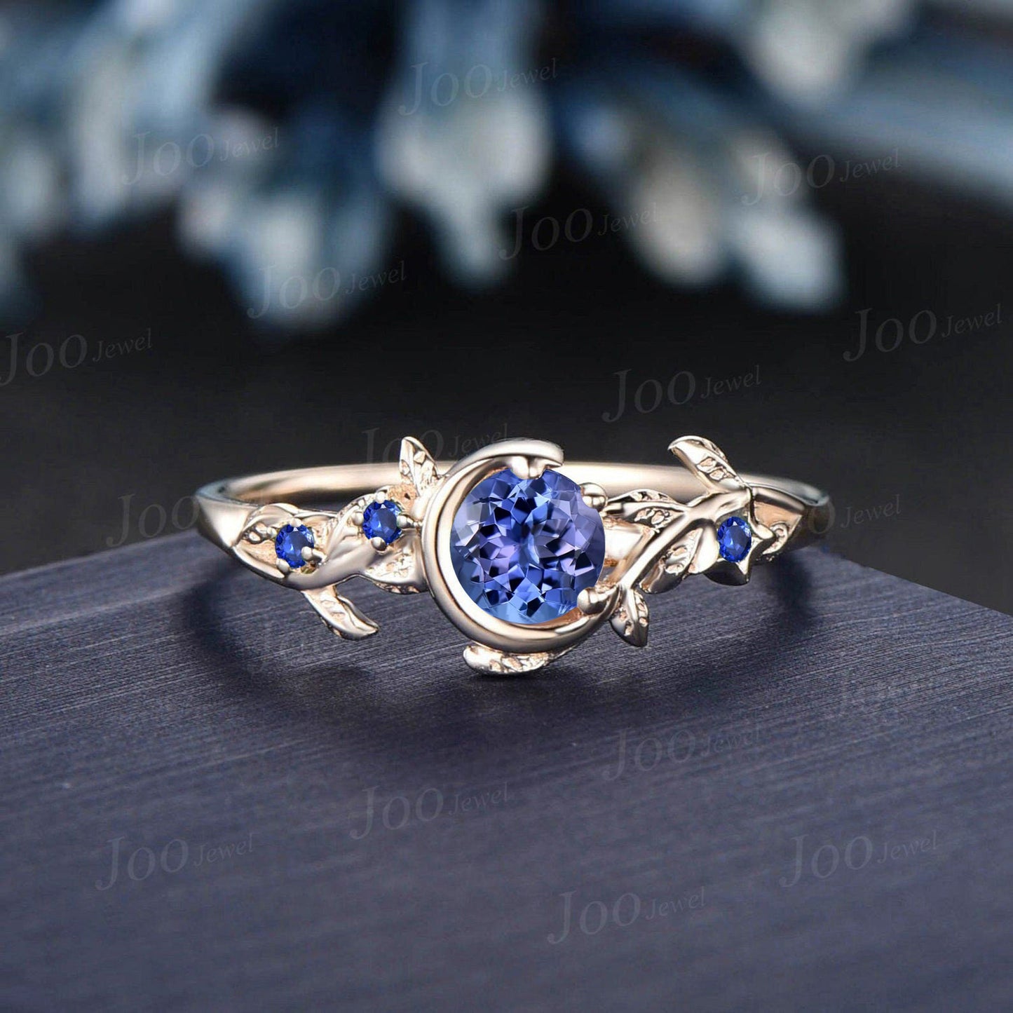 Natural Blue Tanzanite Moon Wedding Ring Vintage Silver 5mm Round Tanzanite Sapphire Engagement Ring Unique December Birthstone Jewelry Gift