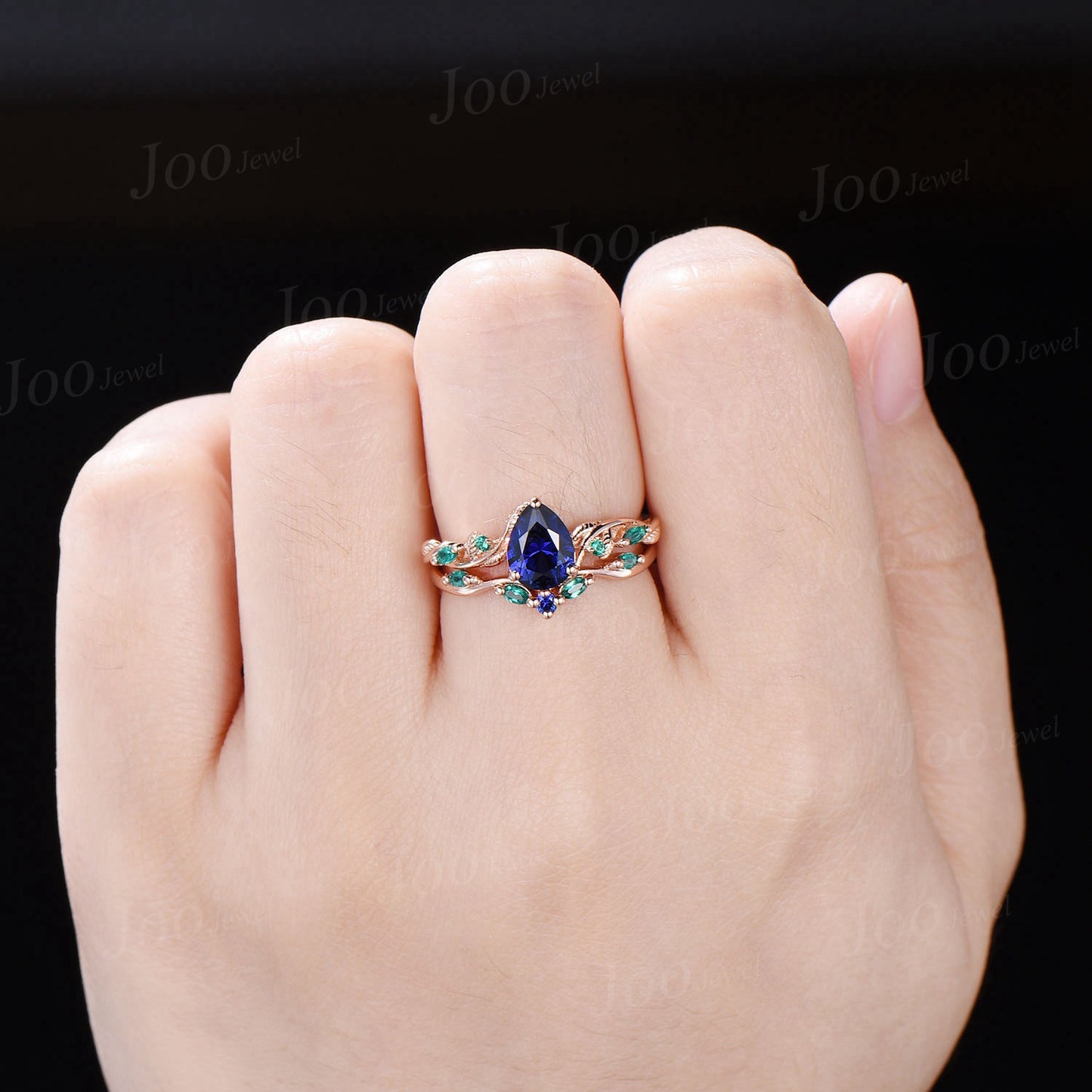Twig Vine Blue Sapphire Engagement Ring Set Vintage Nature Inspired Pear Cut Blue Sapphire Emerald Promise Ring Antique Noble Gift for Women
