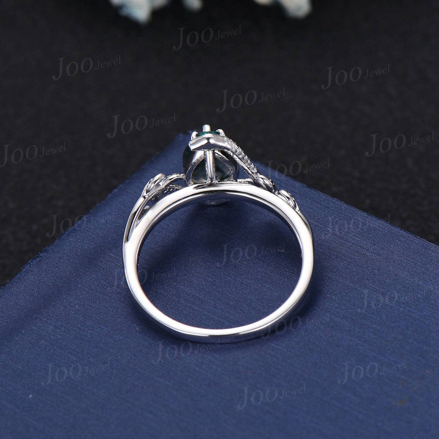 Unique Nature Inspired Snake Engagement Ring Vintage 14K Rose Gold Natural Pear Moss Agate Green Emerald Snake Eye Wedding Ring for Women