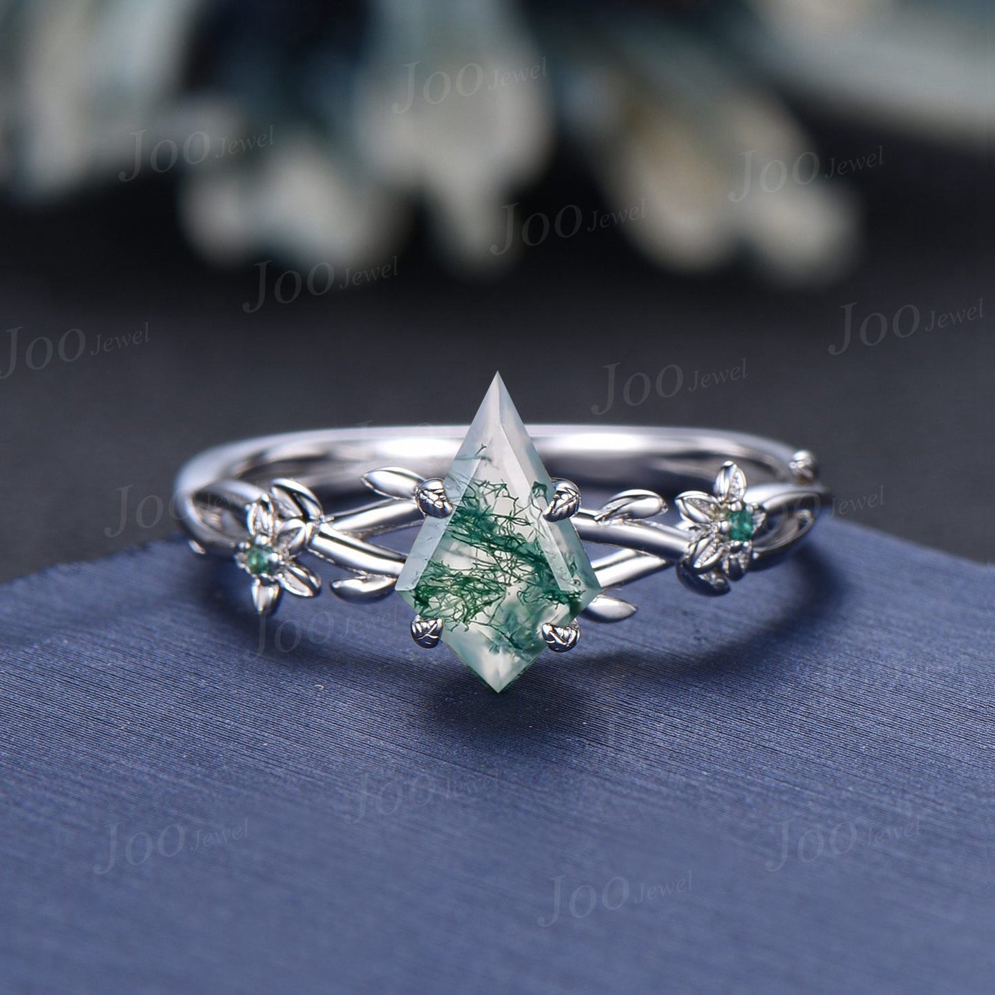1ct Nature Inspired Floral Bridal Set Kite Moss Agate Emerald Engagement Ring Branch Twig Vine Wedding Ring Vintage Aquatic Agate Jewelry