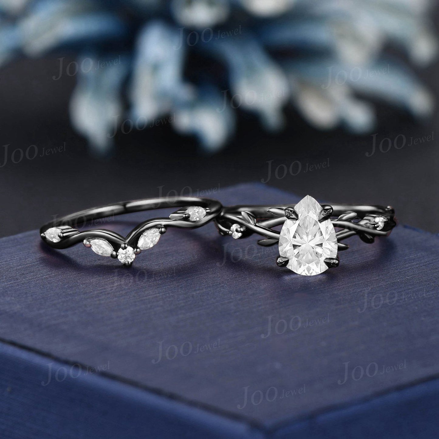 14K Black Gold Moissanite Engagement Ring Set Twig Vine Gothic Promise Ring Pear Moissanite Wedding Ring Nature Inspired Bridal Ring Women
