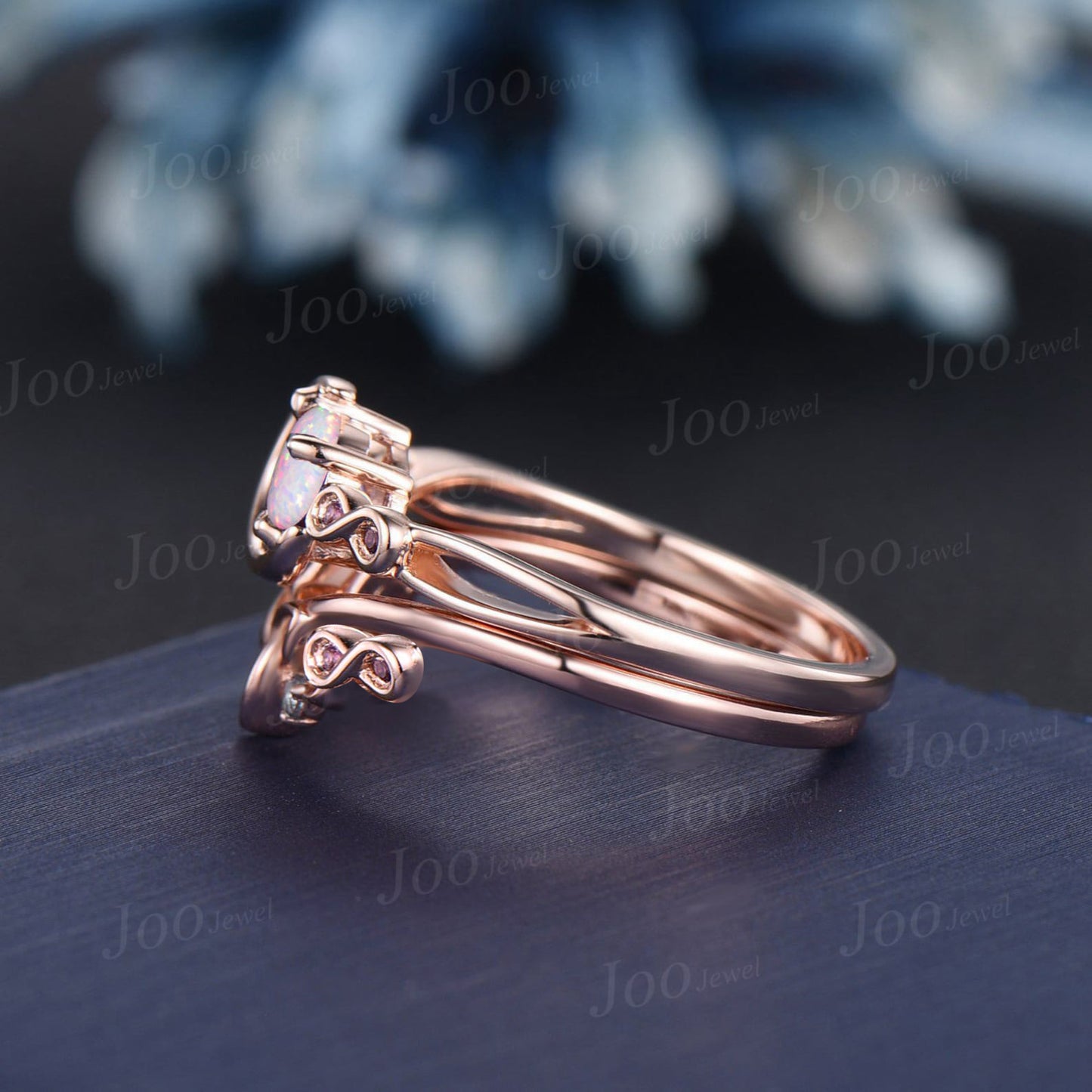 Unique Infinity Bridal Set 5mm Round White Fire Opal Engagement Ring Set Cluster Amethyst Ring Celtic Trinity Knot Infinity Wedding Ring Set