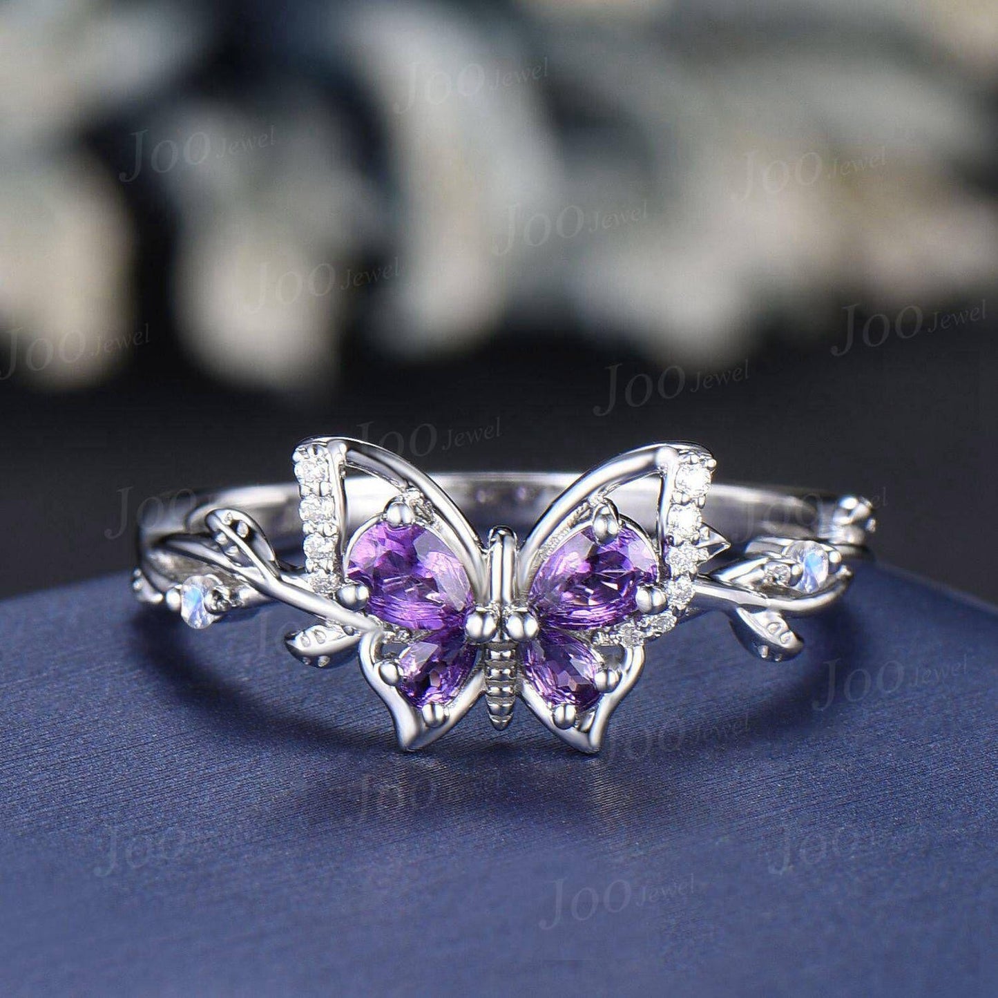 Nature Inspired Butterfly Promise Ring Pear Natural Amethyst Ring Silver Twig Vine Wedding Ring Unique February Birthstone Birthday Gifts