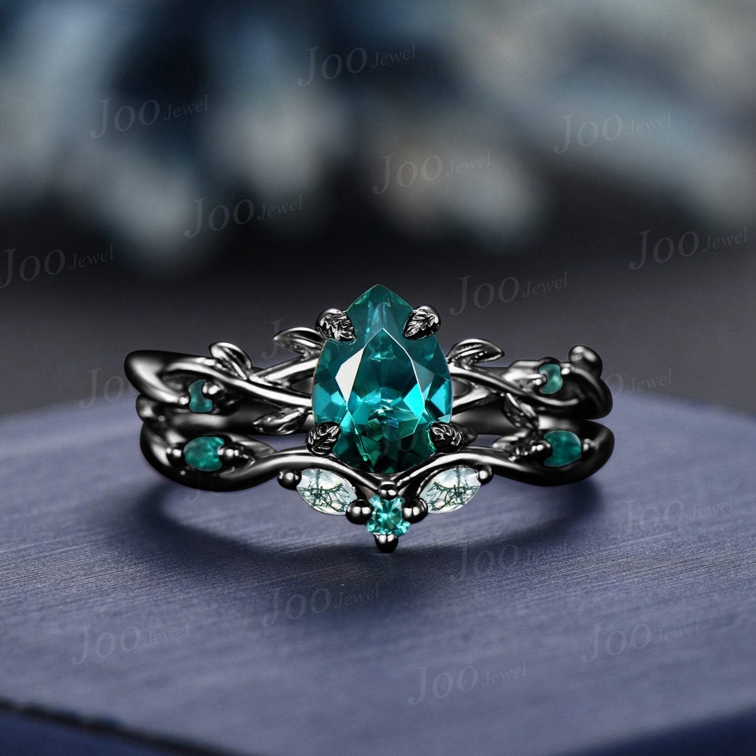 Black Gold Green Emerald Engagement Ring Set Twig Vine Pear Eme