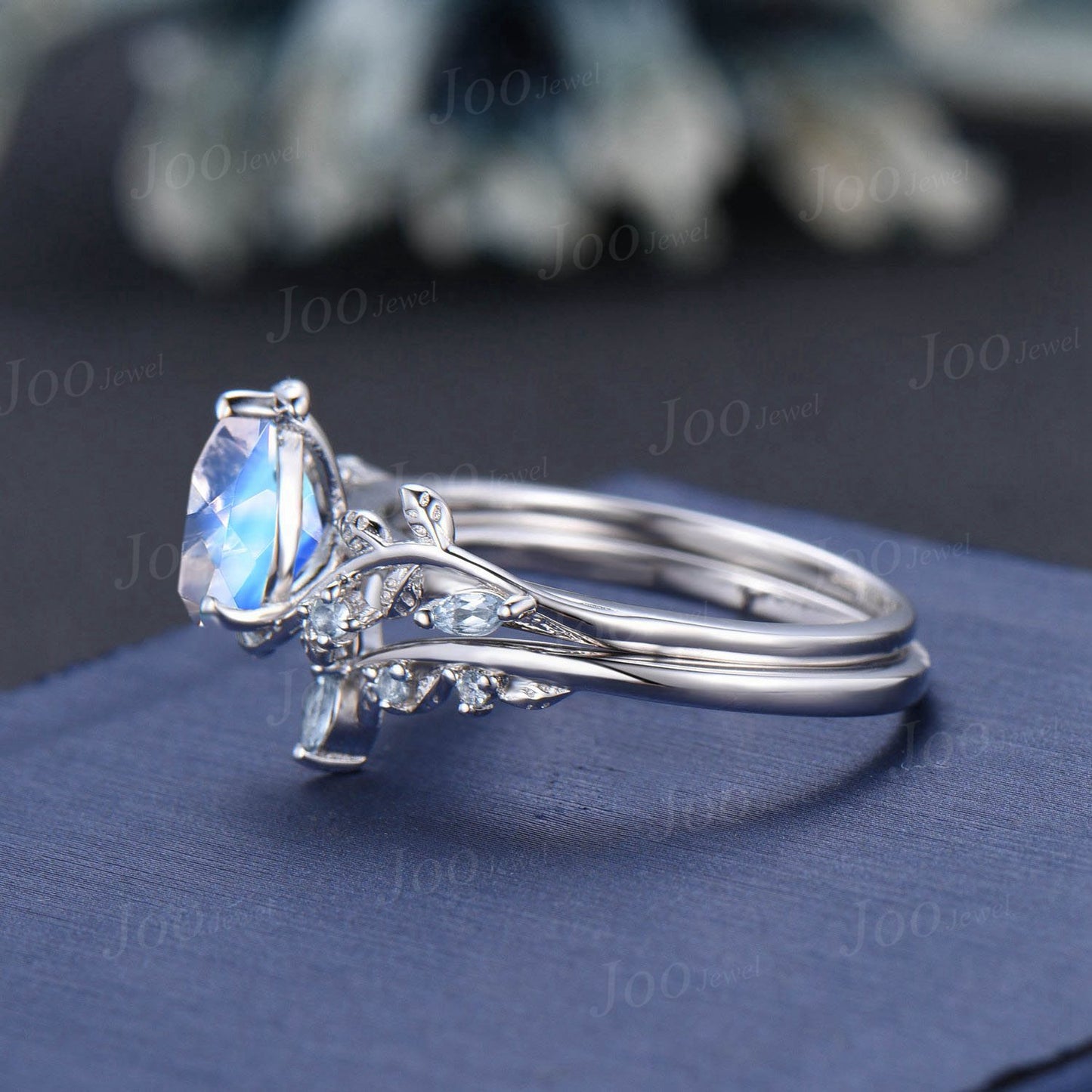 Pear Cut Natural Moonstone Aquamarine Engagement Ring Set Rose Gold Leaf Branch Nature Inspired Moonstone Wedding Ring June Birthstone Gifts