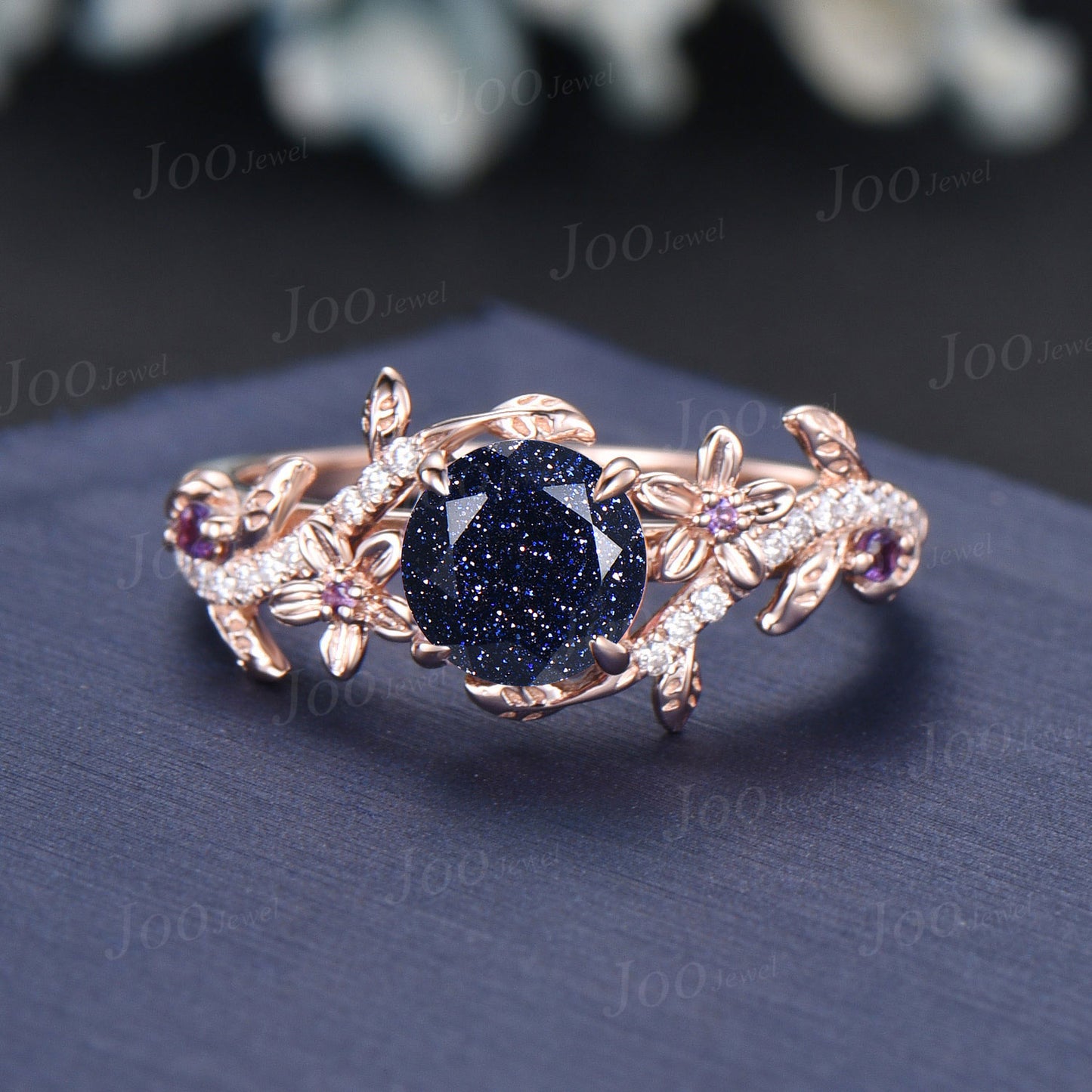 6.5mm Round Cut Galaxy Blue Sandstone Amethyst Ring Set Nature Inspired Flower Diamond Ring Set Vintage 14K Rose Gold Lead Branch Bridal Set
