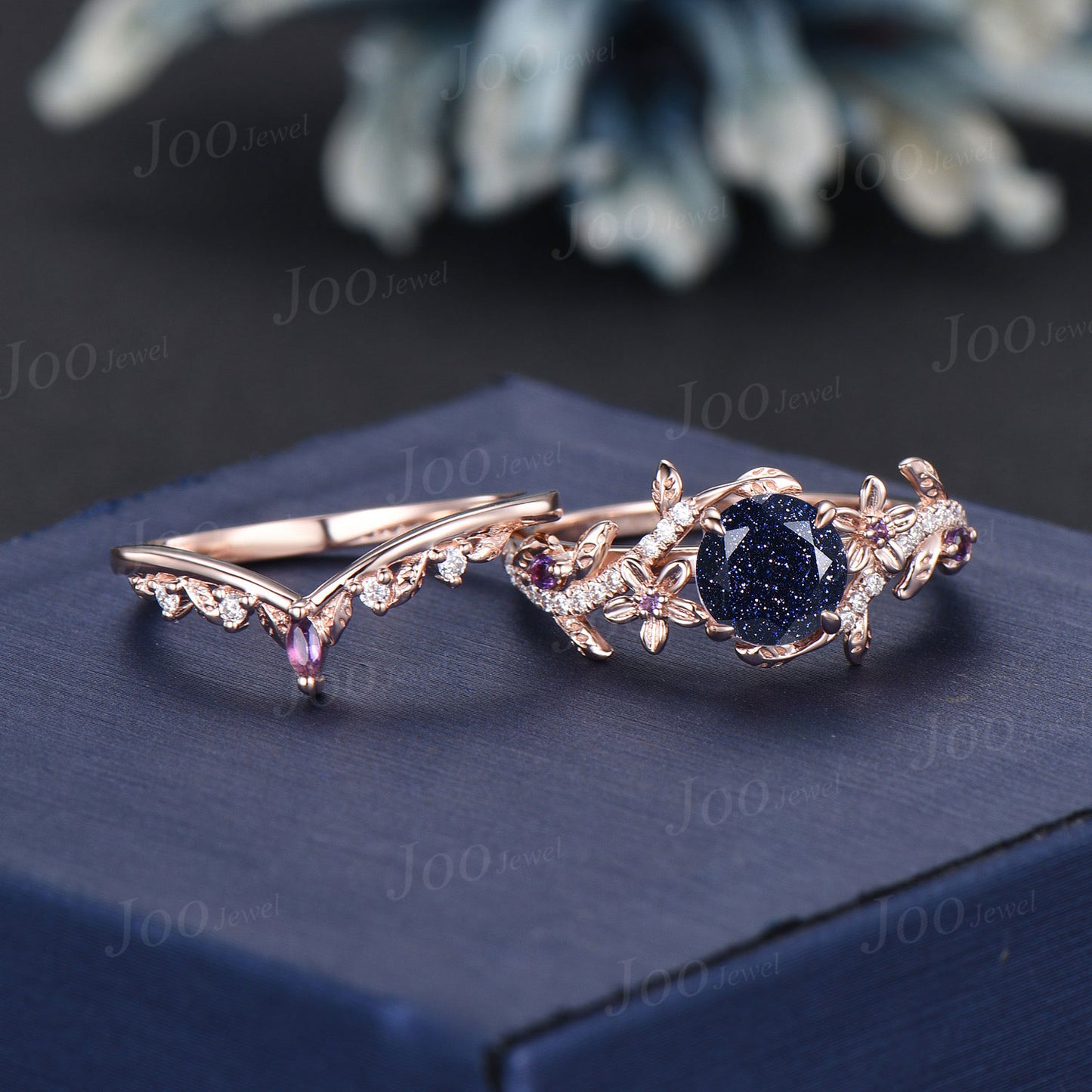 6.5mm Round Cut Galaxy Blue Sandstone Amethyst Ring Set Nature Inspired Flower Diamond Ring Set Vintage 14K Rose Gold Lead Branch Bridal Set