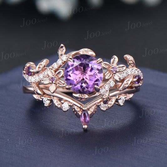Nature Inspired Flower Natural Amethyst Ring Set Round Amethyst Diamond Ring Vintage 14K Rose Gold Leaf Branch February Birthstone Bridal Set