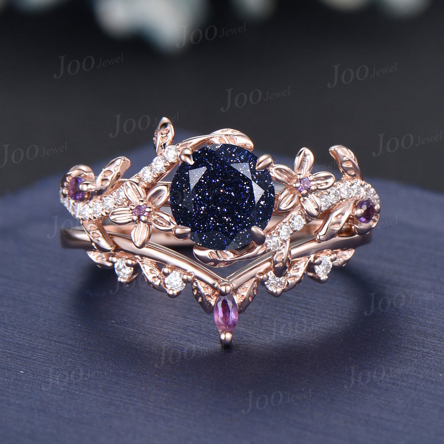 6.5mm Round Cut Galaxy Blue Sandstone Amethyst Ring Set Nature Inspired Flower Diamond Ring Set Vintage 14K Rose Gold Lead Branch Bridal Set