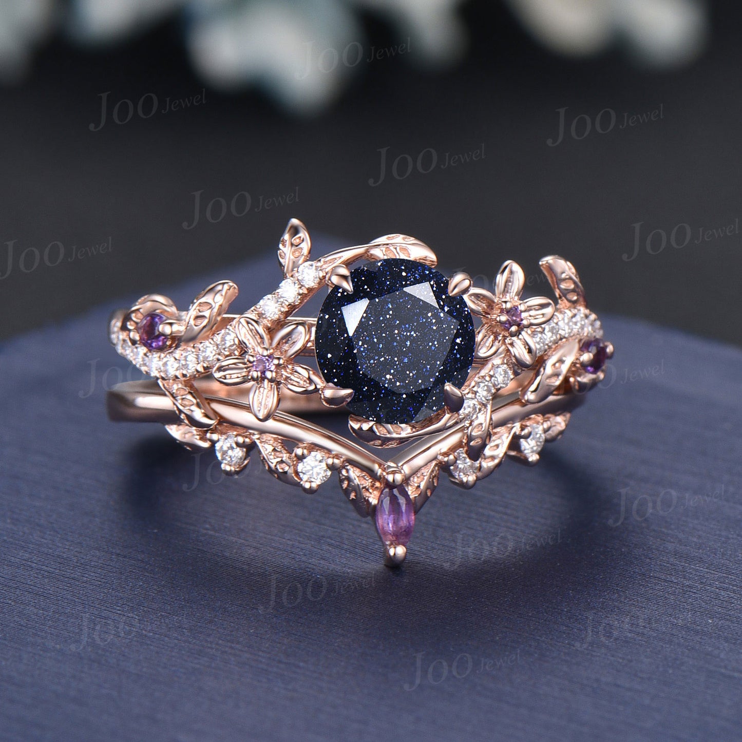 6.5mm Round Cut Galaxy Blue Sandstone Amethyst Ring Set Nature Inspired Flower Diamond Ring Set Vintage 14K Rose Gold Lead Branch Bridal Set