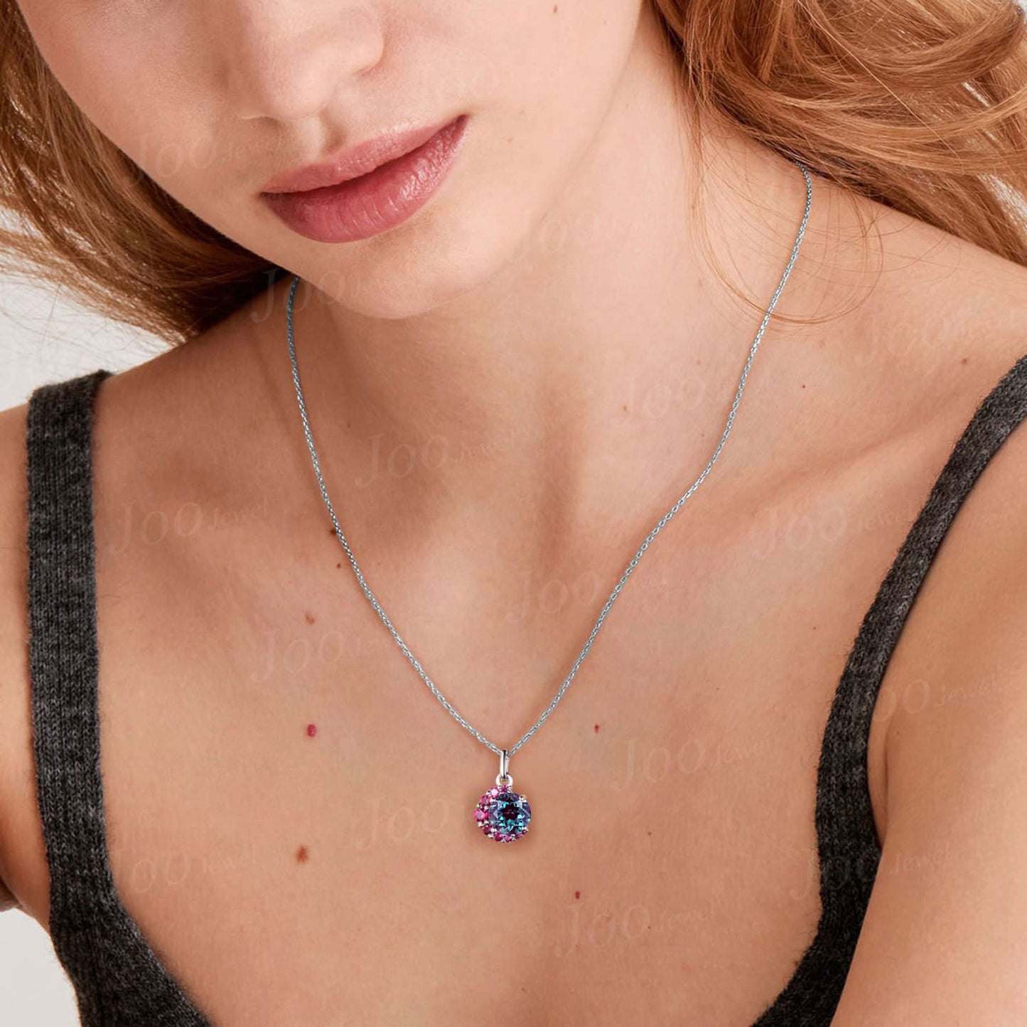 Round Color-Change Alexandrite Ruby Necklace Sterling Silver Crescent Moon Pendant Vintage Antique June Birthstone Necklace Birthday Gifts